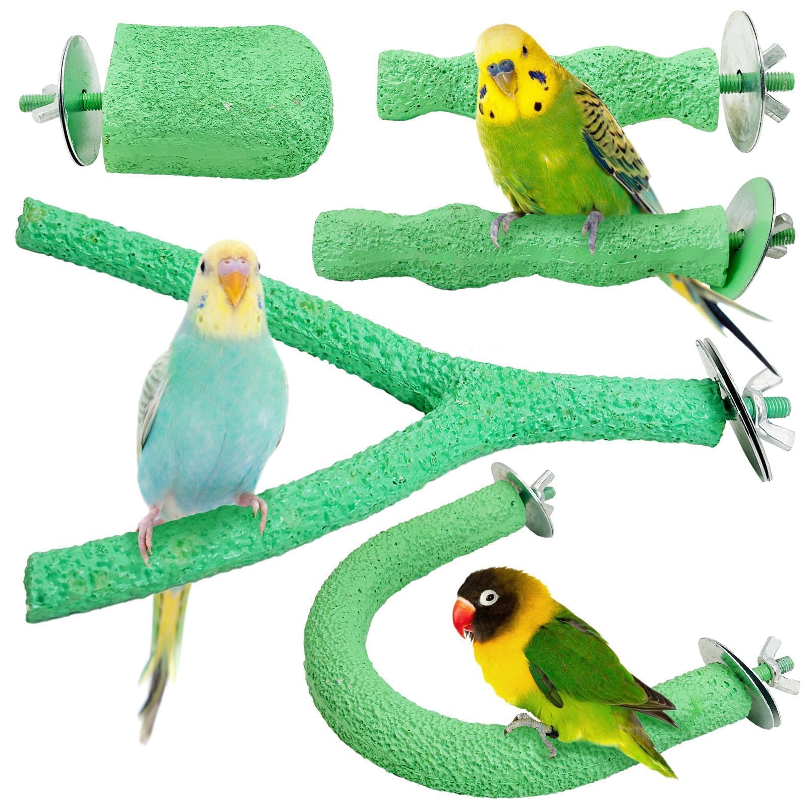 PINVNBY 5 Pack Bird Perch Resin Bird Beak Grinding Stone Parrot Cage Stand Platform Foot Claws Trimmer Chew Toy Cage Accessories for Budgie Cockatiel Conure Lovebird Finch (Green)