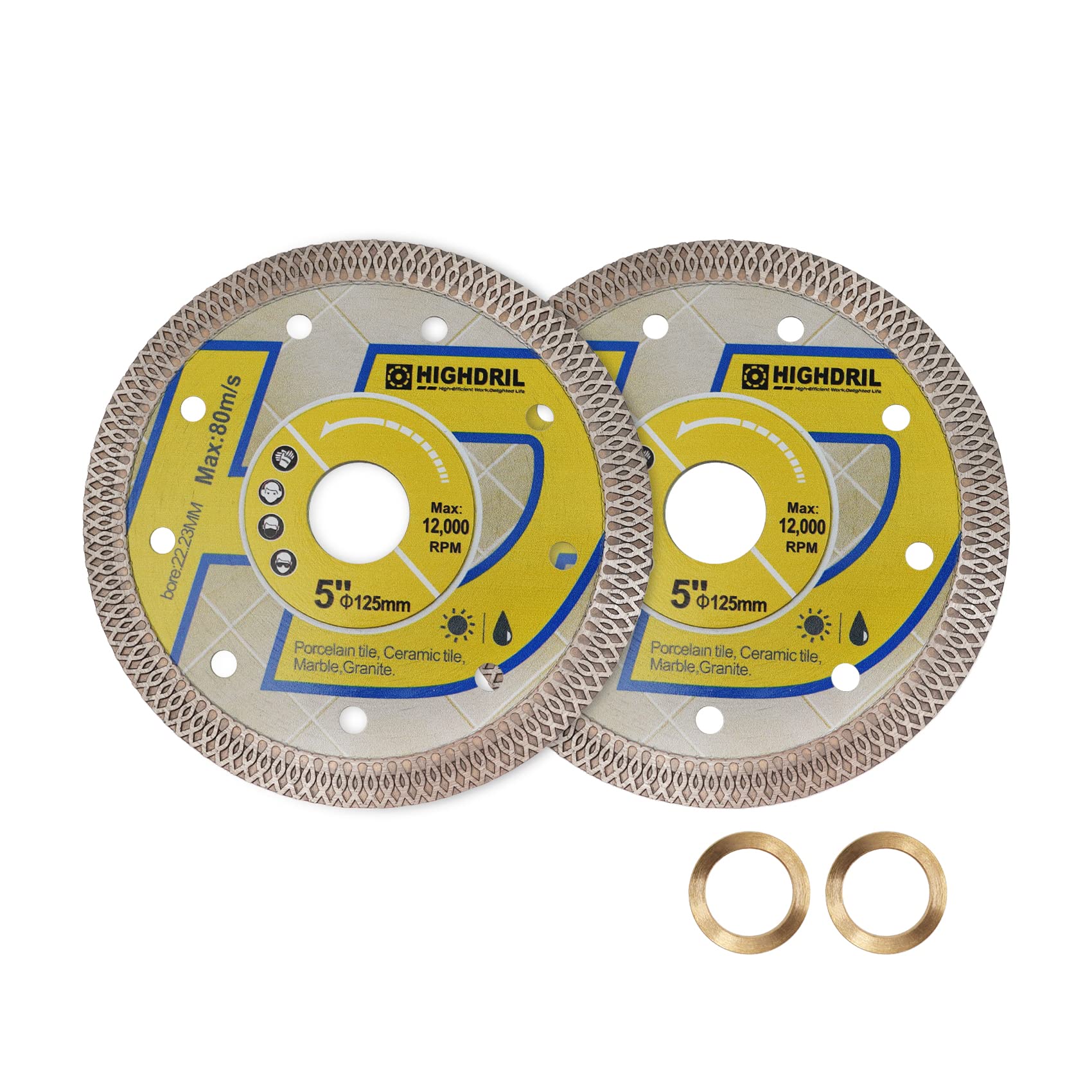 HIGHDRIL Diamond Saw Blade - 2pcs 125MM/5 Inch Diamond Tile Blade Disc Cutting Porcelain Tile Ceramic Granite Marble Dry or Wet Use Circular Saw Blade with Turbo X Mesh