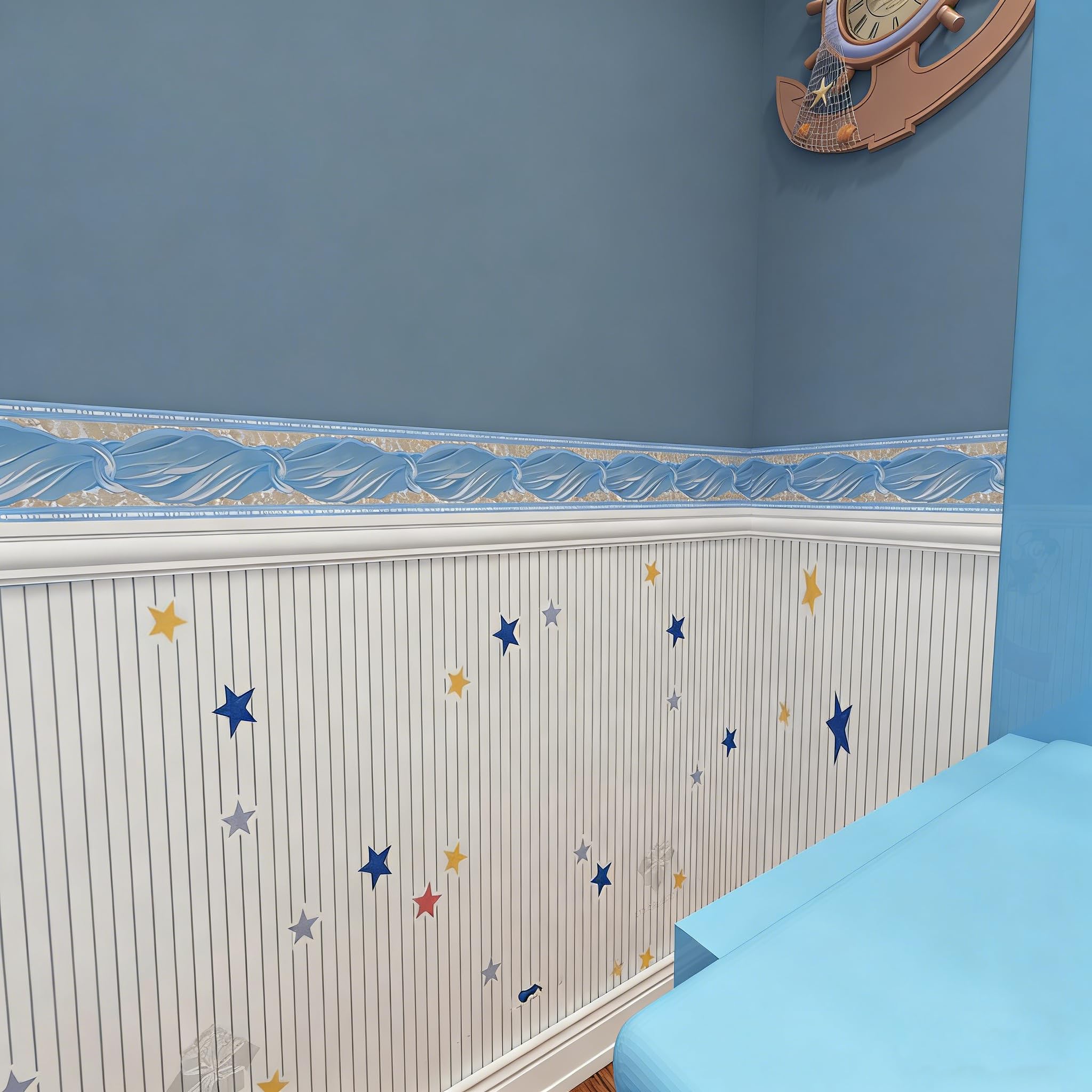 Livelynine Bordi Adesivi per Pareti Blu Greca Adesiva per Parete Bagno Bordi per Carta da Parati Azzurro Bordo Adesivo per Pareti in PVC Bambini Cucina Impermeabile Lavabile Autoadesiva 10CM X 10M