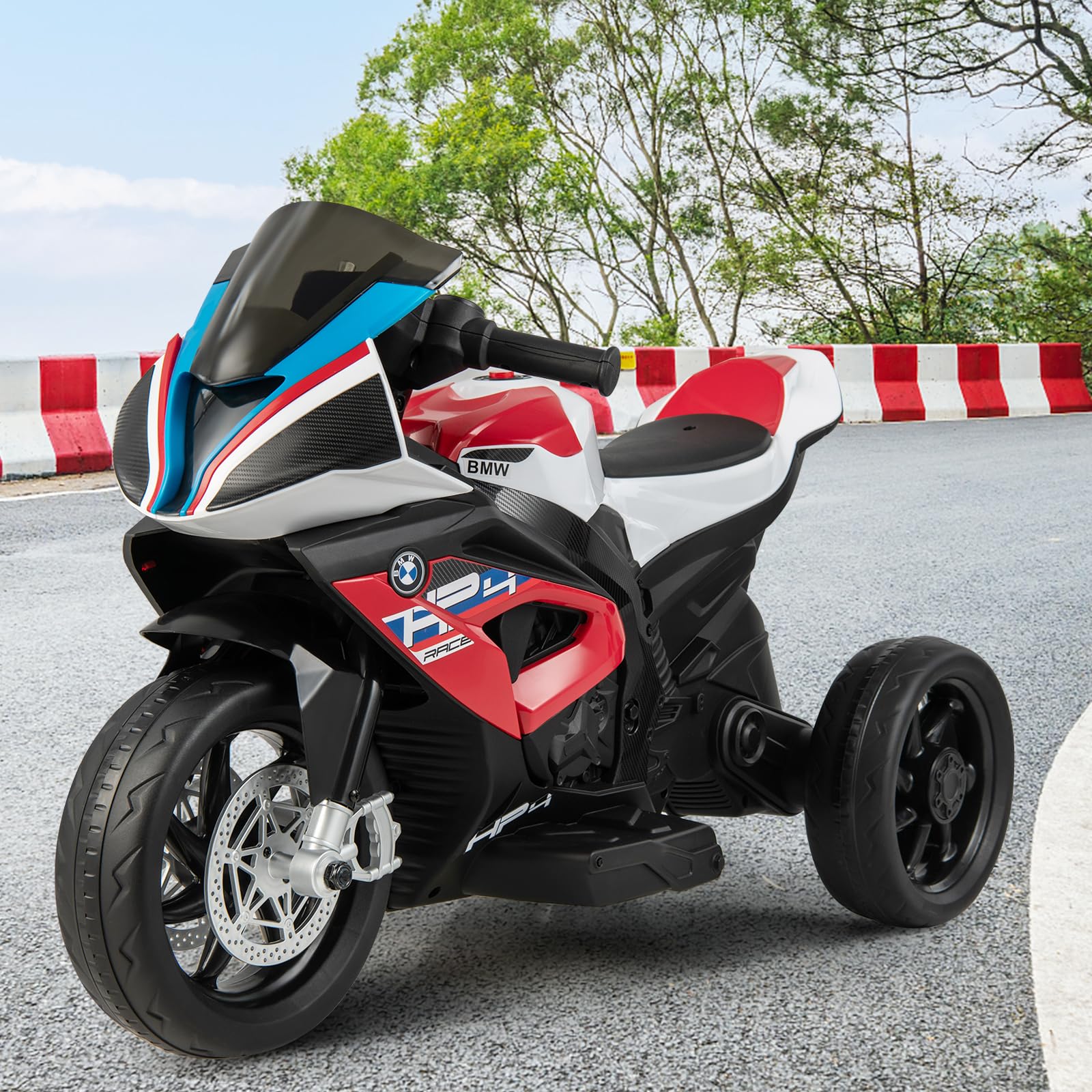 GOPLUS 6V BMW Kinder Elektromotorrad, Kindermotorrad mit Musik & Scheinwerfer für 3-8 Jahren, 3 km/h Kinderfahrzeug mit 3 Rädern & Fußpedal, Kinderdreirad bis 30 kg Belastbar (Rot)