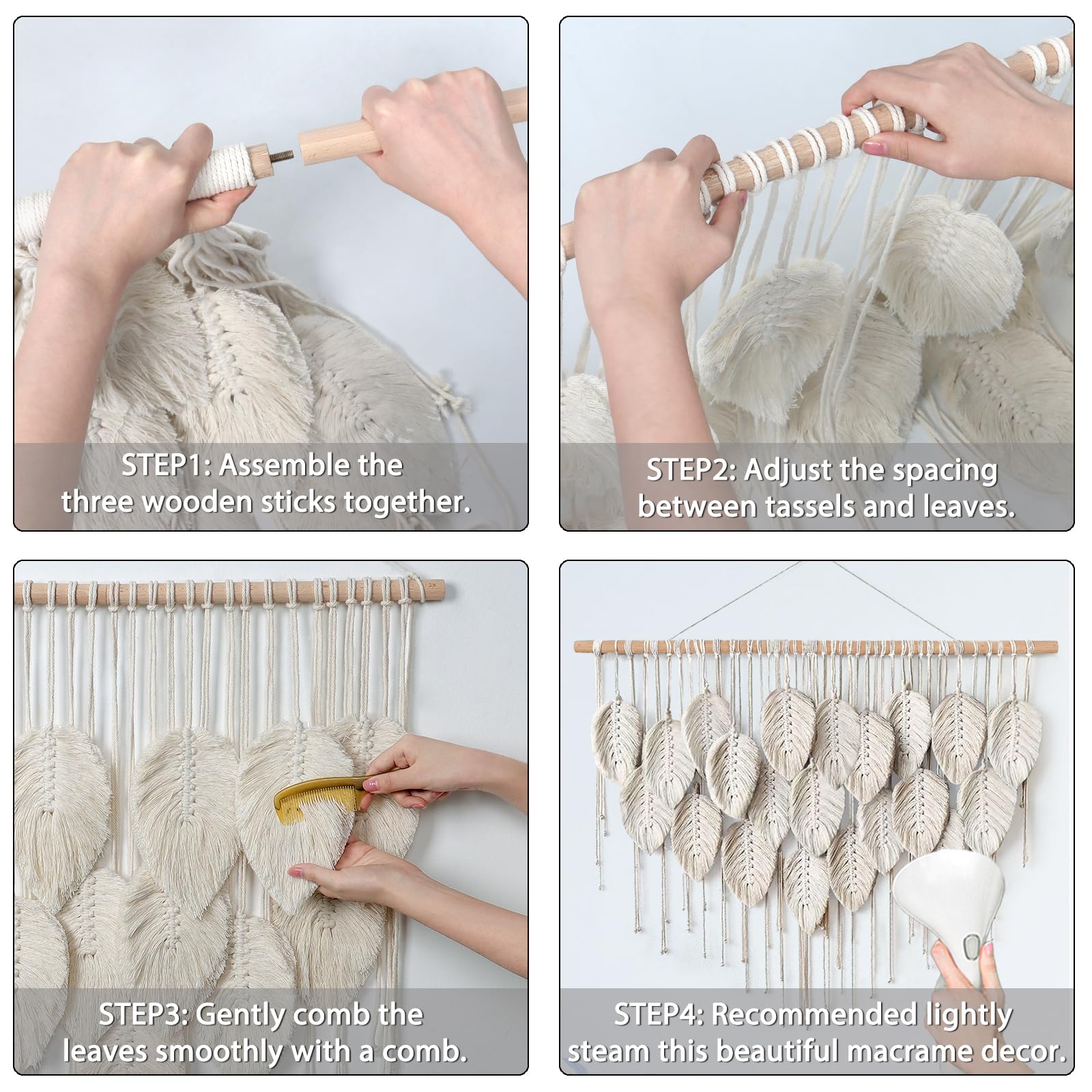 Tapiz de macramé para colgar en la pared, diseño bohemio de hojas beige, tejido a mano, decoración de pared para dormitorio, sala de estar, apartamento, dormitorio, galería, ideas de regalo 7