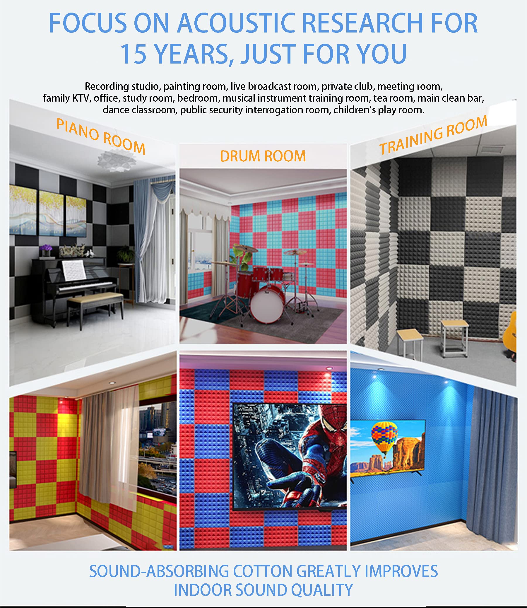 Panele Akustyczne Drum Roomal Panele Akustyczne Gąbka 50x50x5cm Pianka Akustyczna -10 Szt. Pianka Studyjna - Panele O Dużej Gęstości - Pad Studio Piano Room Izolacja Akustyczna(Color:czarny)
