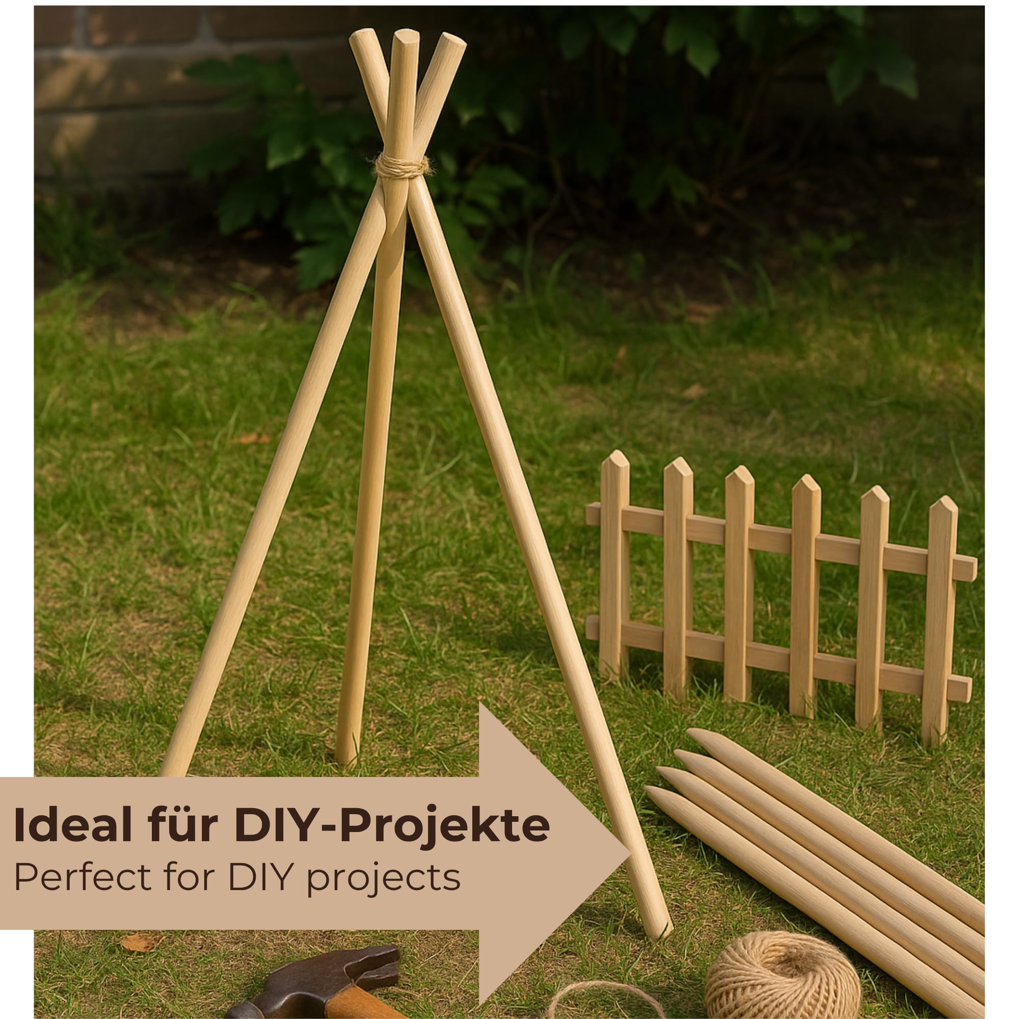 50 Estacas Madera Haya Ovaladas ⌀18 mm x 78 cm – Poste para Cercas y Árboles – Tutores Robustos para Plantas y Tomates