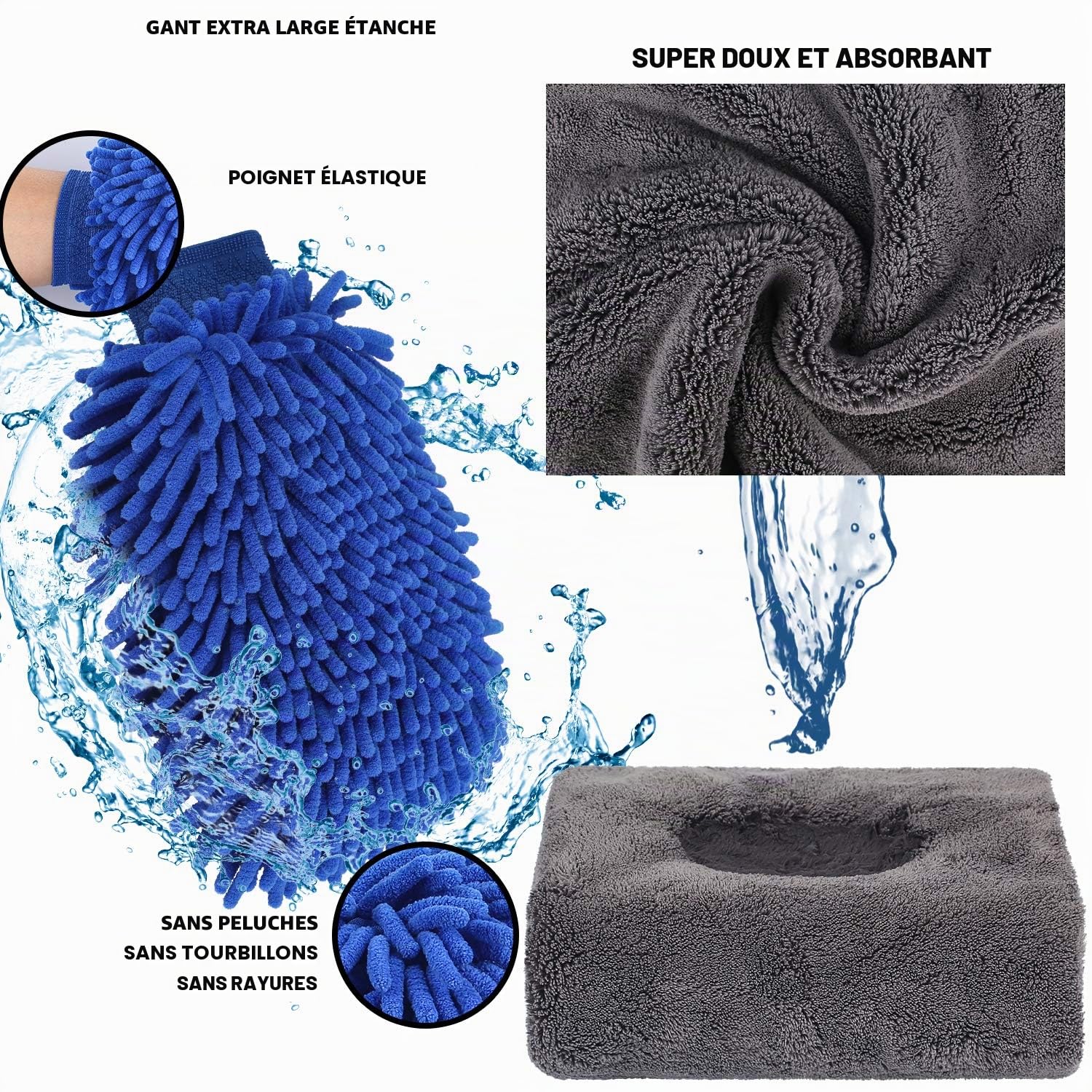 Kit d'outils de nettoyage de voiture 22 pièces en microfibre chenille avec gant de lavage en microfibre, serviettes éponges, tampons applicateurs, brosse à roue, grattoir de fenêtre, plumeau,