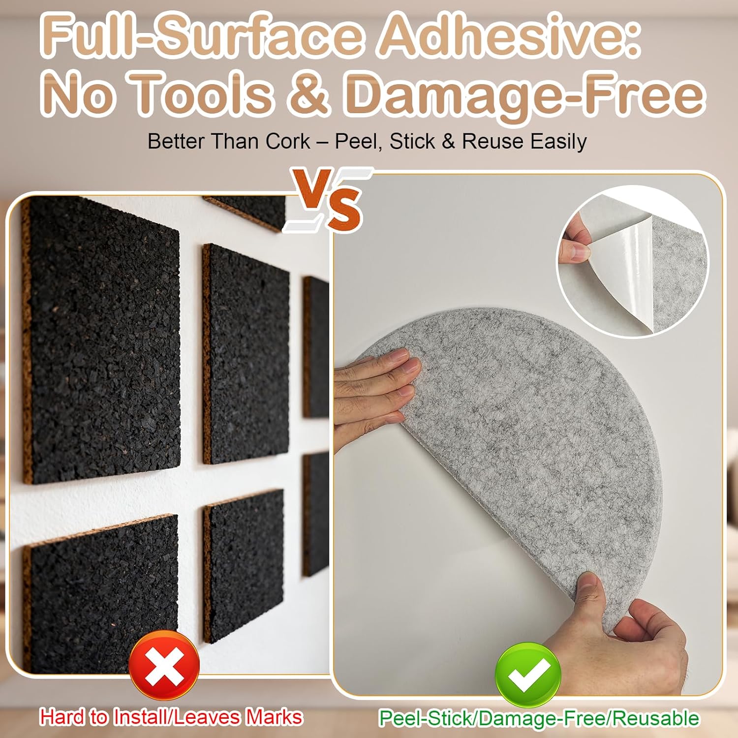 24 Pack Semicircular Cork & Felt Bulletin Board Tiles - Wall Pin Board with 50 Push Pins - Home Office Decor for Wall Organization, DIY Pattern Design