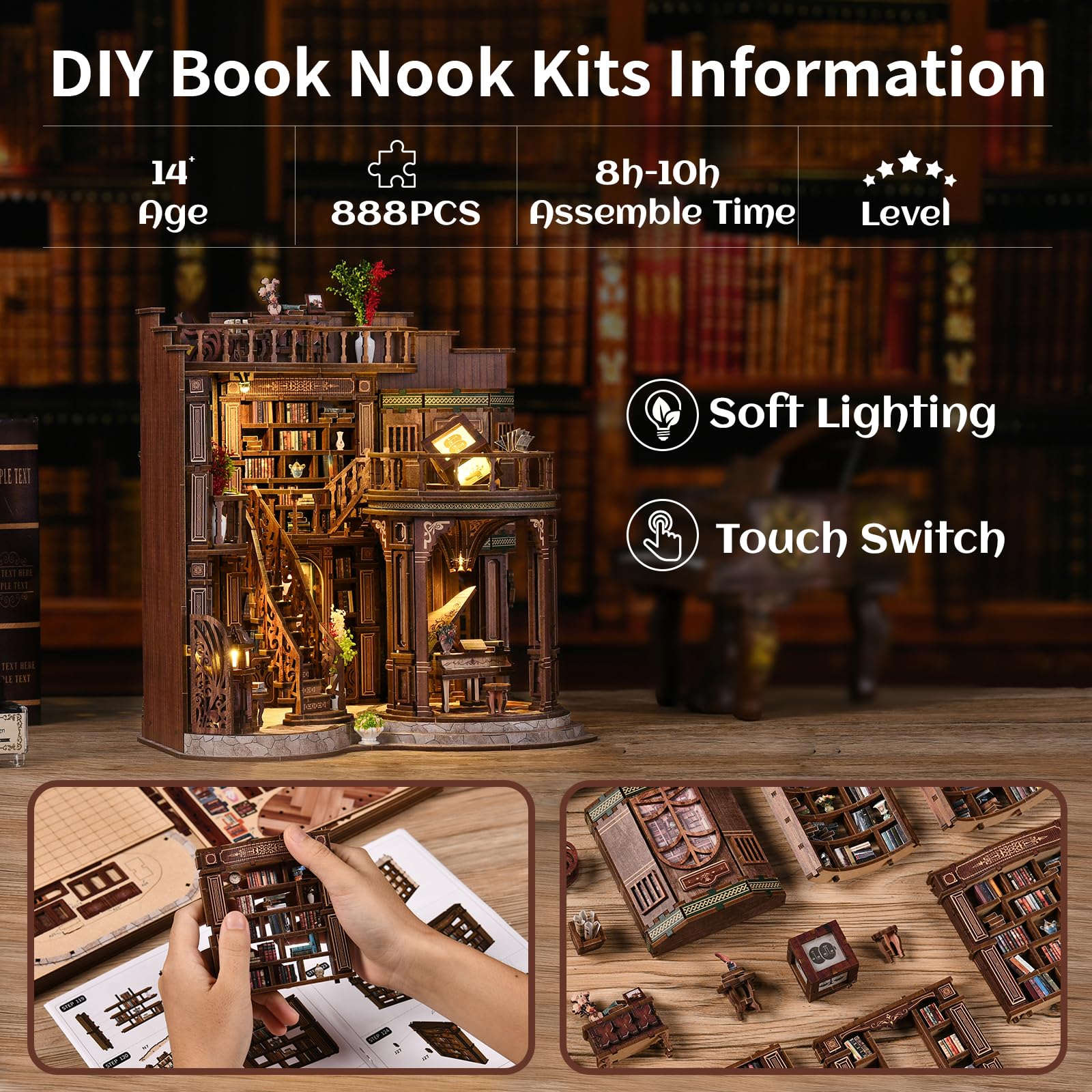 Zestawy do samodzielnego wykonania, kącik na książki, dla dorosłych, drewniane puzzle, BookNook, miniaturowy dom z oświetleniem LED, dekoracja regału, biblioteka, zestaw dioram, modelarstwo, podpórka