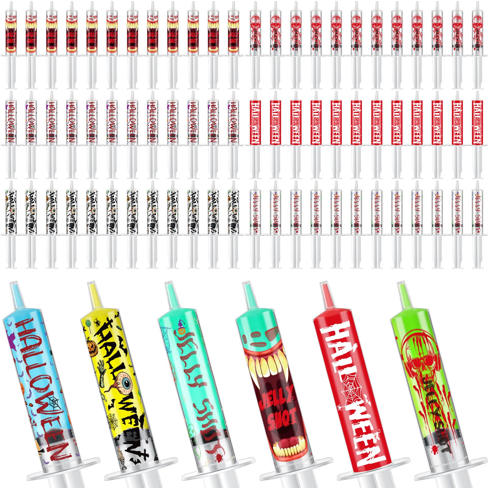72 Pcs Halloween Jelly Shot Syringes with Caps 2 OZ Reusable Jelly Shot Syringes and 72 Pcs Pumpkin Ghost Skull Halloween Stickers for Halloween Party Supplies