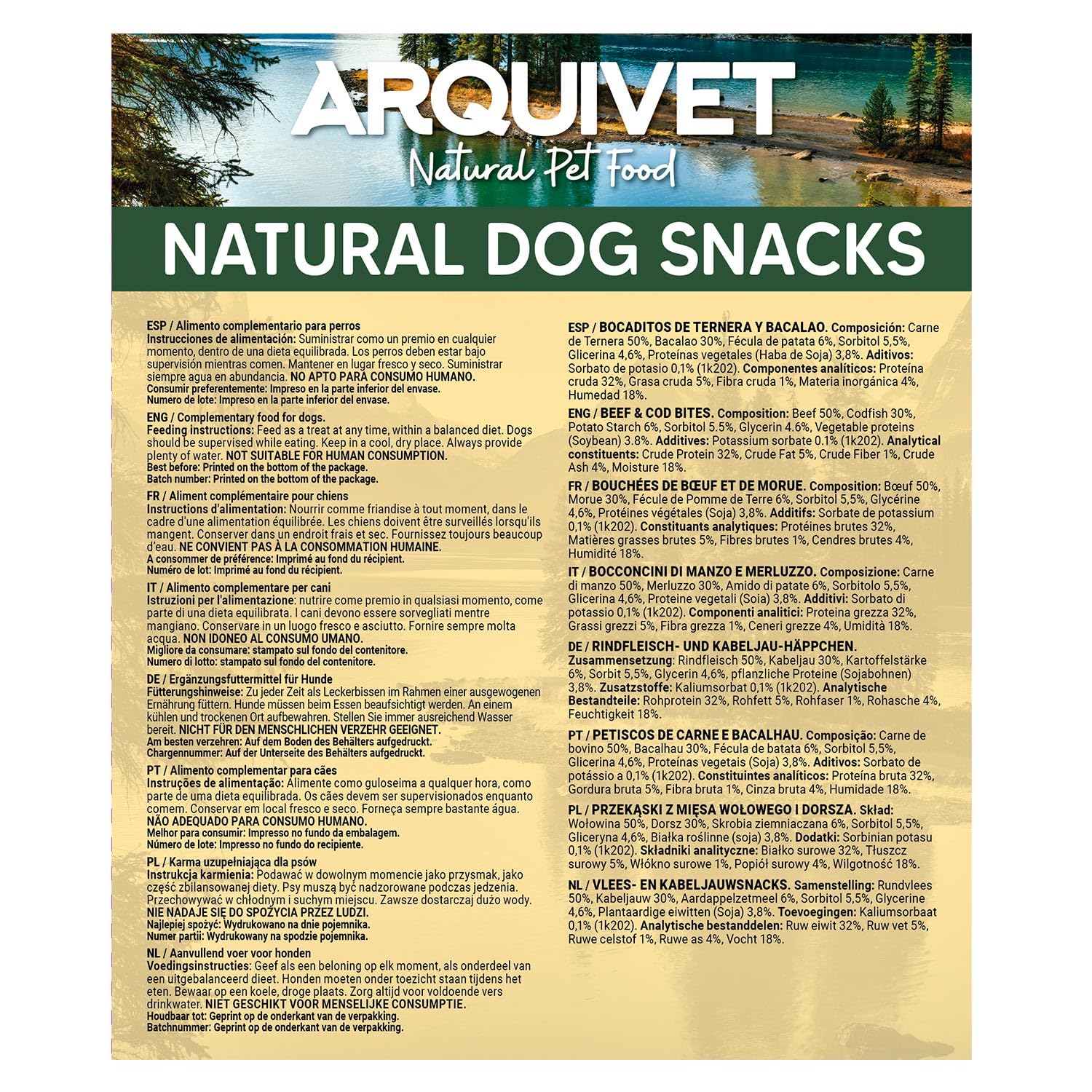 Friandises pour Chiens (Lot de 12) - Bouchées de bœuf et de cabillaud 100 g, friandises Naturelles pour Chiens - Arquivet