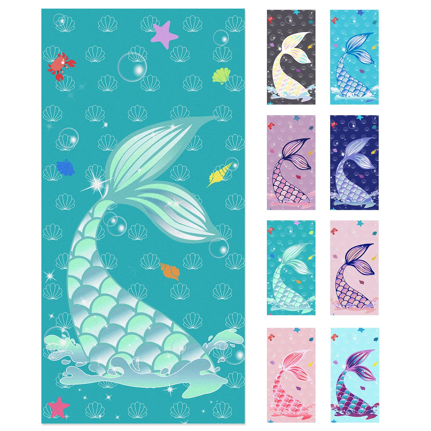 Jessy Home 4 Pack Mermaid Beach Towel 30"x60" Soft Microfiber Swim Towels Absorbent Quick Dry Sand Free Beach Towels Set for Girls &amp; Women for Beach Travel - Mint Green