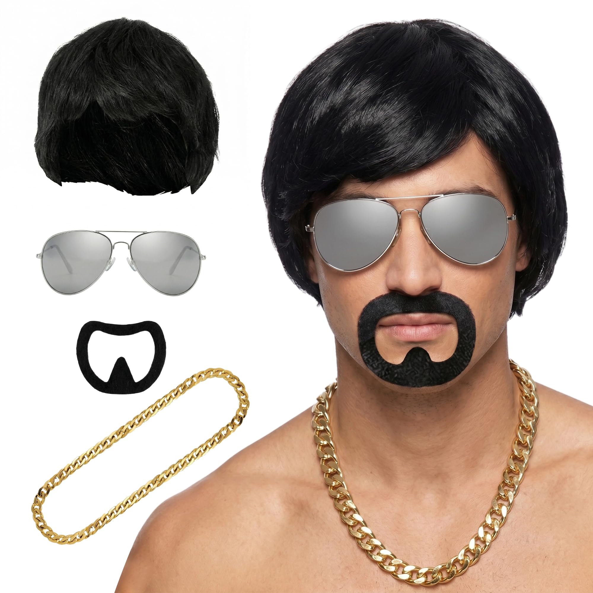 HETKRVN Adults Ibiza Final Boss Costume Funny Costumes, Black bowl cut wig, Silver Sunglasses, Fake Goatee Beard, fake gold chains, 90s Ibiza Carnival Party Look