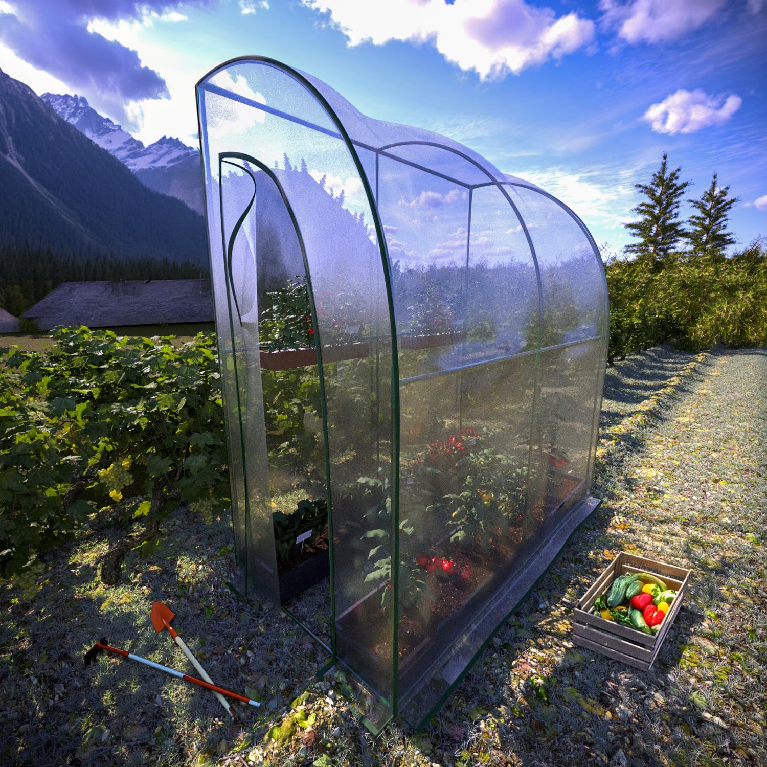 Serra A Casetta Da Parete Muro In Acciaio Per Giardino Piante Fiori Orto Copertura Trasparente in PVC Con 2 Porte Avvolgibili A Cerniera Protezione Piante Giardinaggio 200 x 100 x 215 Cm
