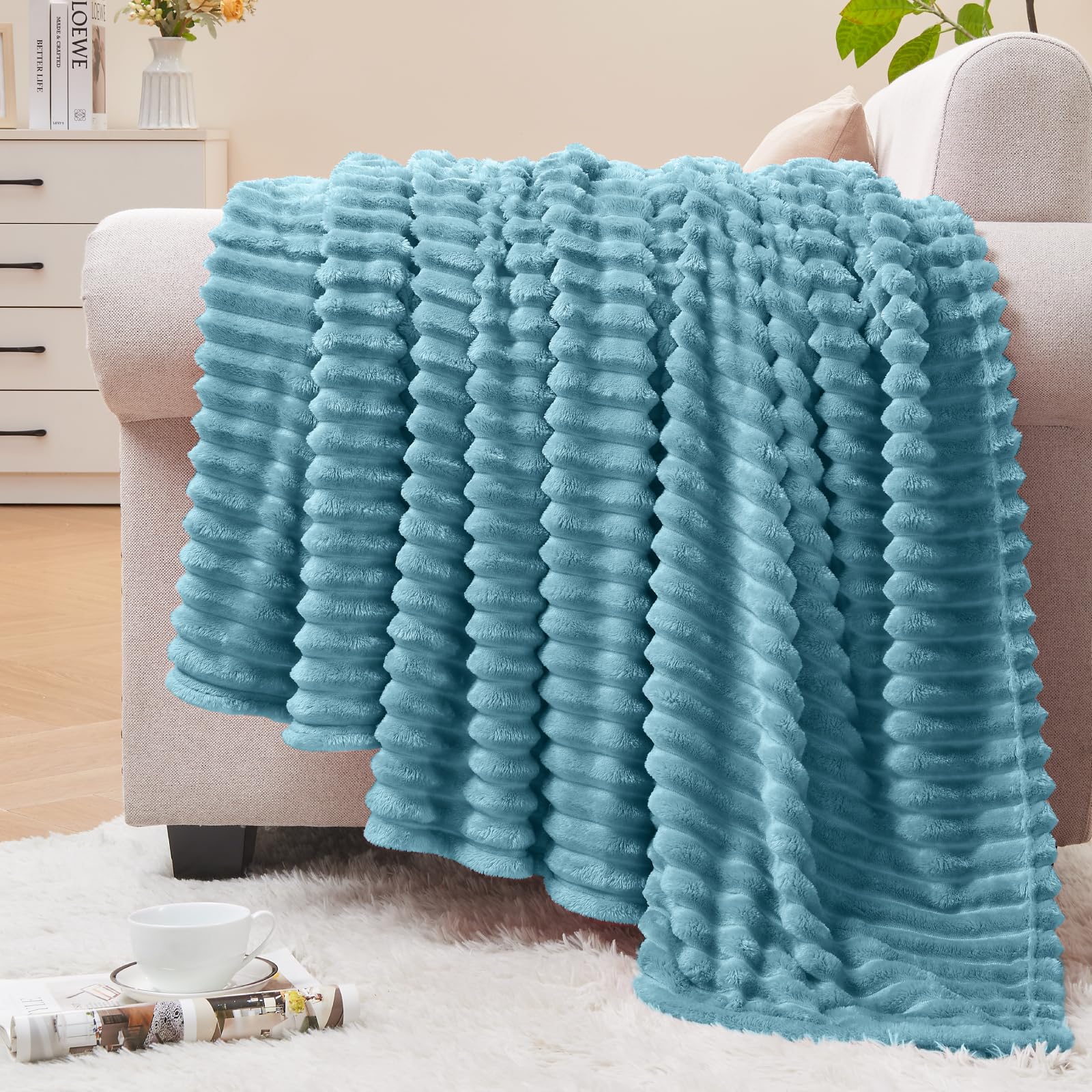 BEDELITE 3D Ribbed Washed Blue Fleece Throw Blanket for Couch, 50x60 Inch | Soft Warm Decorative Fluffy Blanket, Cozy Plush Lightweight Fuzzy Throw Blanket for Bed Sofa Home Room Decor, Gift for Women