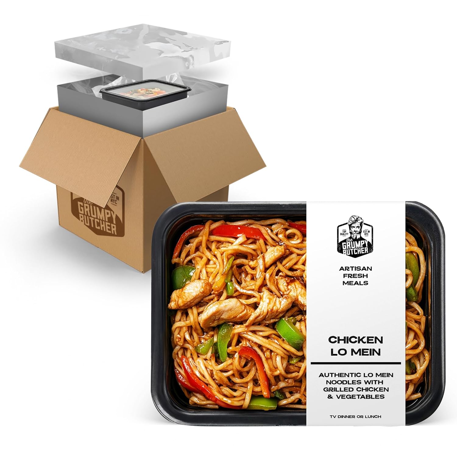 Grumpy Butcher Chef-Crafted Gourmet Meals - Chicken Lo Mein Noodles & Vegetables, 6-pack (14 oz each) - Asian Food Prepared Meals & Entrees