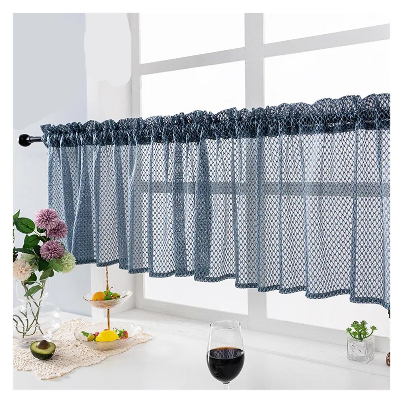 MKYYIOED Short Curtains Pastoral Style Small Fresh Kitchen Coffee Curtain Pole Blue Lace Short Finished Product(Blue,ROD POCKET_W74XH41CM)