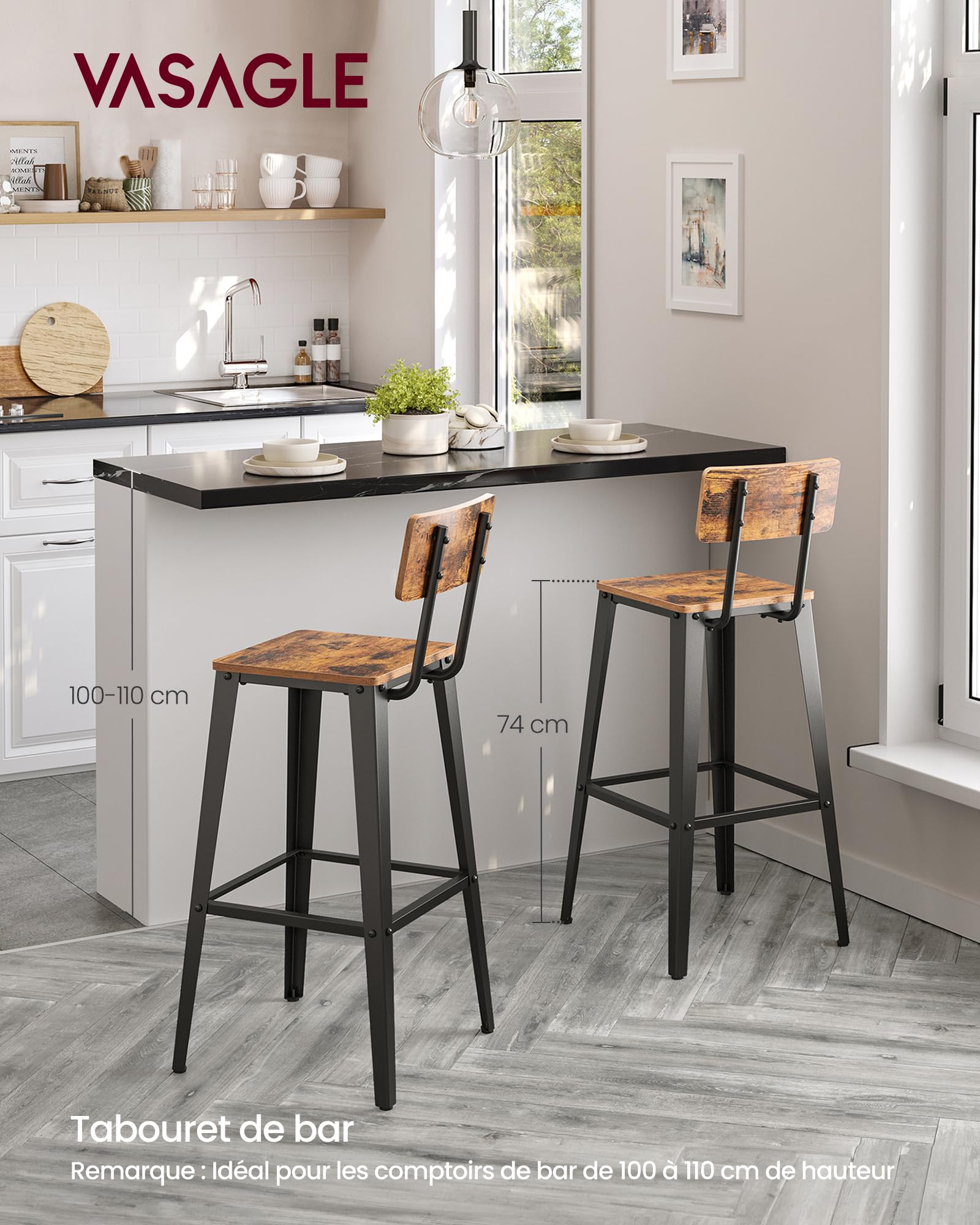 VASAGLE Tabouret Bar Industriel, Lot de 2, Chaise Bar Cuisine, avec Dossier, Cadre en Acier, Montage Facile, Style Industriel, Marron Rustique et Noir d'encre LBC078B01