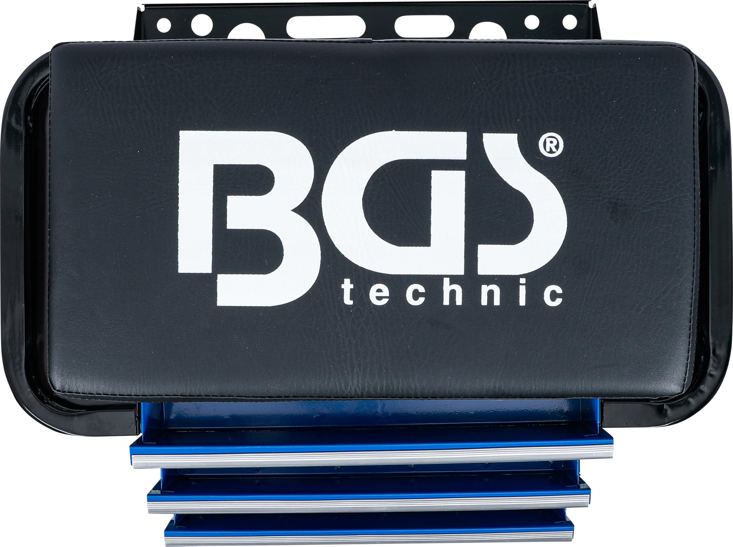 BGS 2859 | Werkstatt-Rollsitz | 3 Schubladen | 150 kg | 4 Lenkrollen | 2 magnetische Seitenablagen | Stahl-Vierkantrohr-Konstruktion | Rollendurchmesser 60 mm | 5 kg je Schublade
