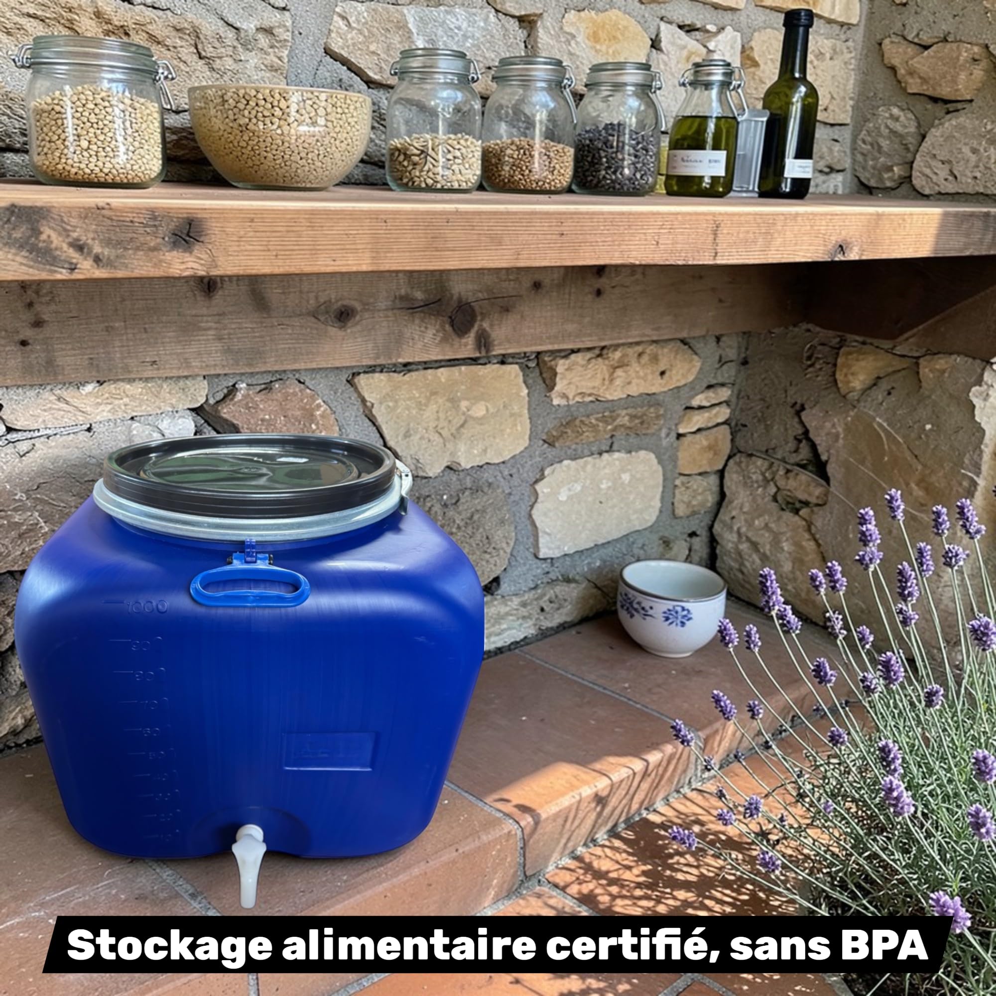 Jordan & Jordan — Bidon Cube 100L Blanc PEHD — 50×50×50cm — Ouverture Ø34cm Cerclage Levier + Robinet — Certifié Alimentaire sans BPA