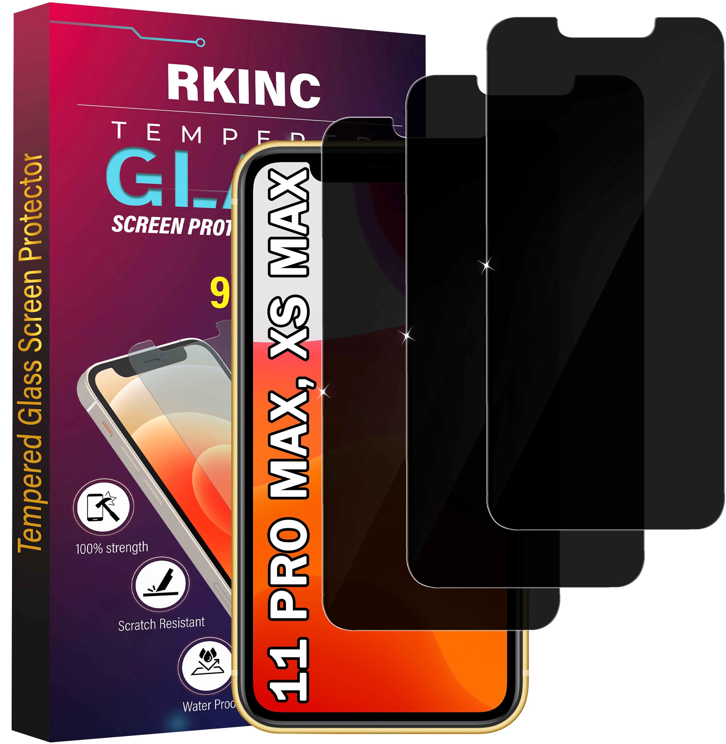 RKINC Protector pantalla privacidad para iPhone 11 Pro Max/XS Max 6.5-Inch, [3 Piezas] Cristal templado película de vidrio, Ángulo de privacidad mejorado, Dureza 9H, Sin Burbujas