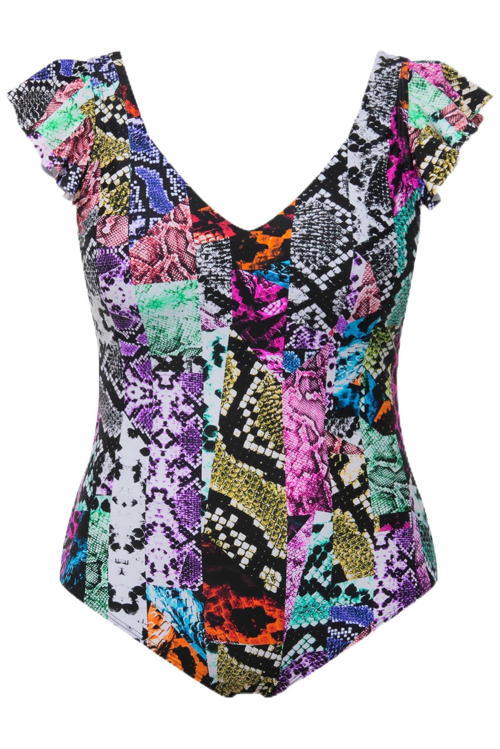 Ulla Popken Damen große Größen Übergrößen Plus Size Badeanzug, Mustermix, Softcups, Flügelärmel 827684
