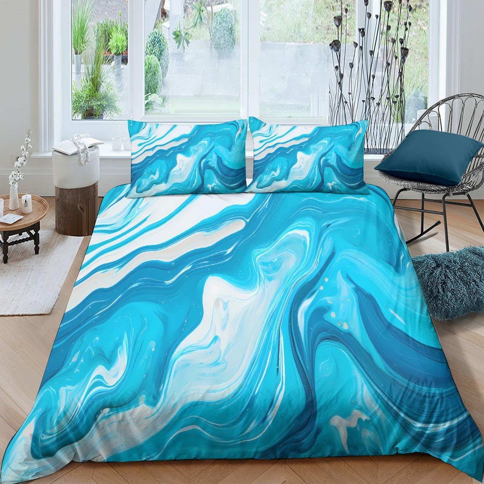 GPLZQXKJNH 3D Printed Blue Marble Duvet Cover Set Microfiber Soft Breathable Ocean Wave Bedding Set with 2 Pillowcases for Bedroom Home Decor Single（135x200cm）