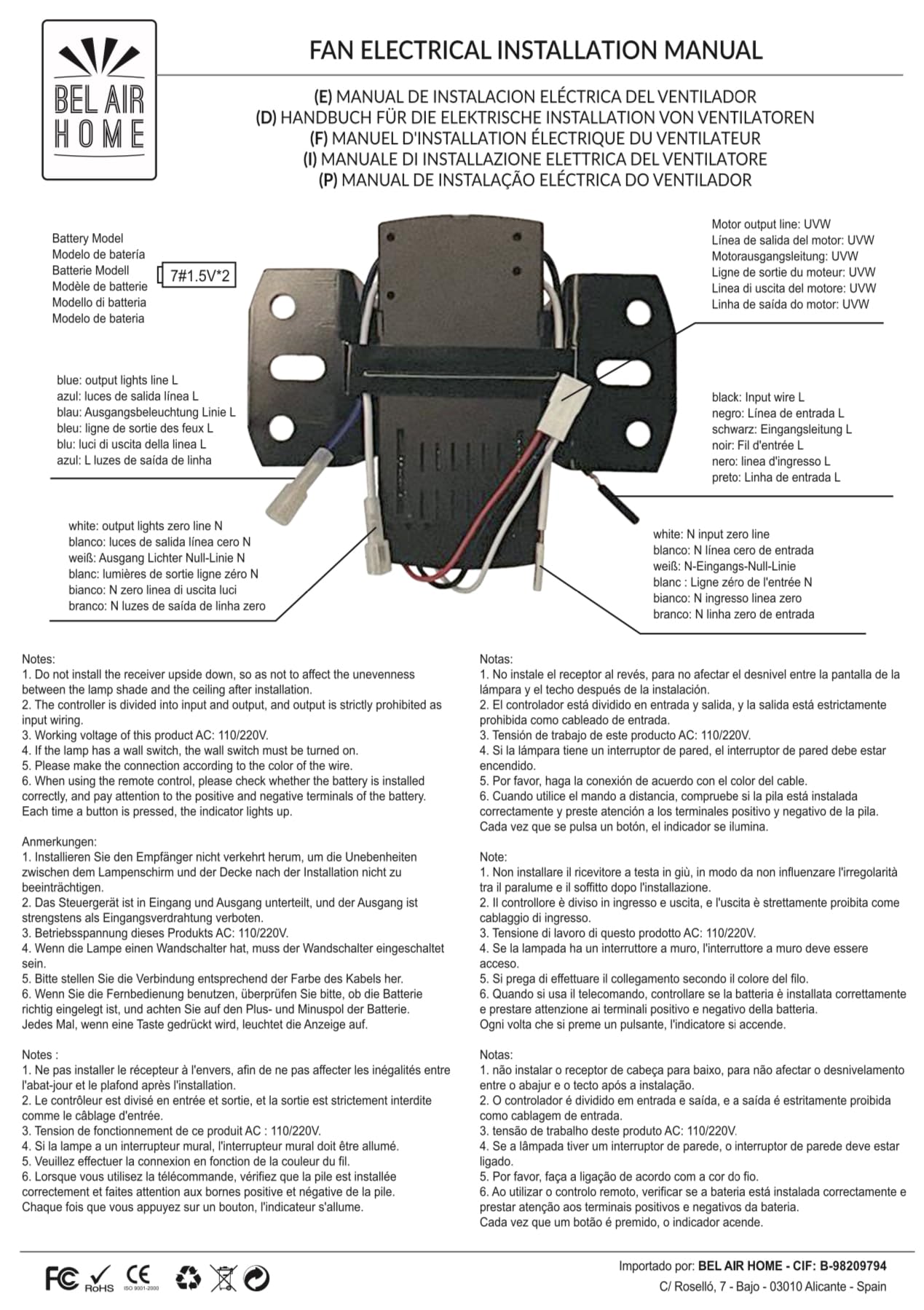 BEL AIR HOME - Kit Mando a Distancia + Controlador Para Ventiladores - Motor DC - Señal Radiofrecuencia (KIT RADIOFRECUENCIA)