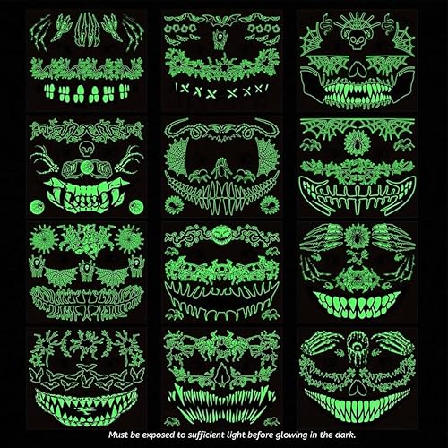 Glow-in-the-Dark Creepy Tattoo Stickers, Waterproof, Hand-Drawn Designs for Halloween or Spooky Parties, Long-Lasting and Unique (03)(05)