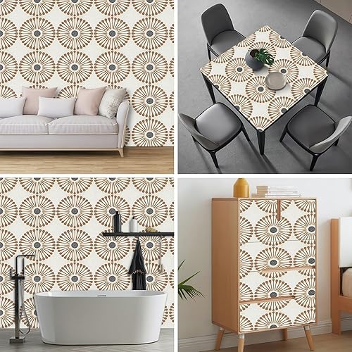 Miniatura 5 de Papel tapiz geométrico marrón para despegar y pegar, papel de contacto retro con patrón de abanico, papel de pared de vinilo autoadhesivo de 17.7 x