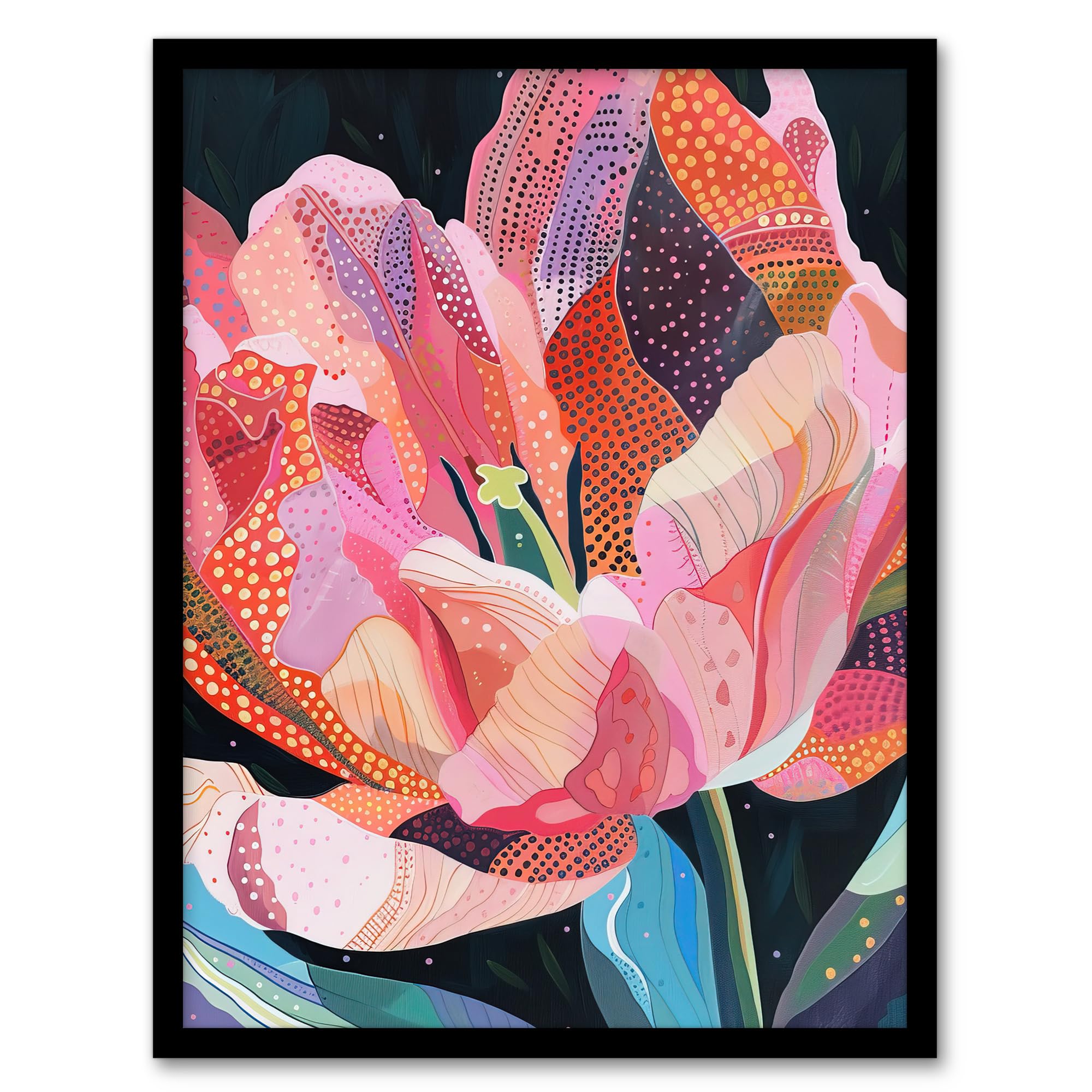 Pink Trumpet Lily Flower Framed Wall Art - Colourful Folk Patterns - A4 Size