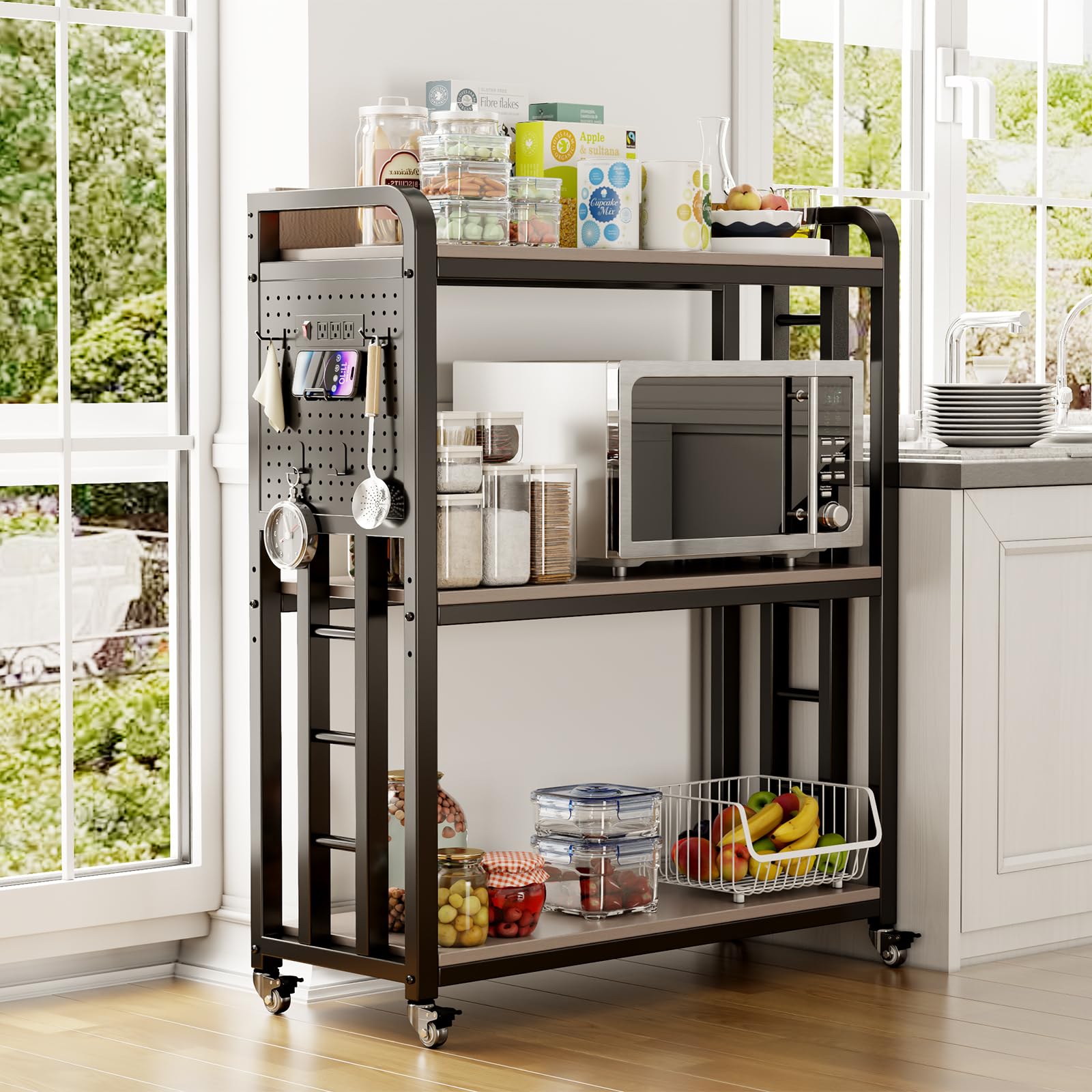 Bakers Rack with Power Outlet Movable Bakers Rack Free Standing Kitchen Storage Shelf Rack 3 Tier Kitchen Microwave