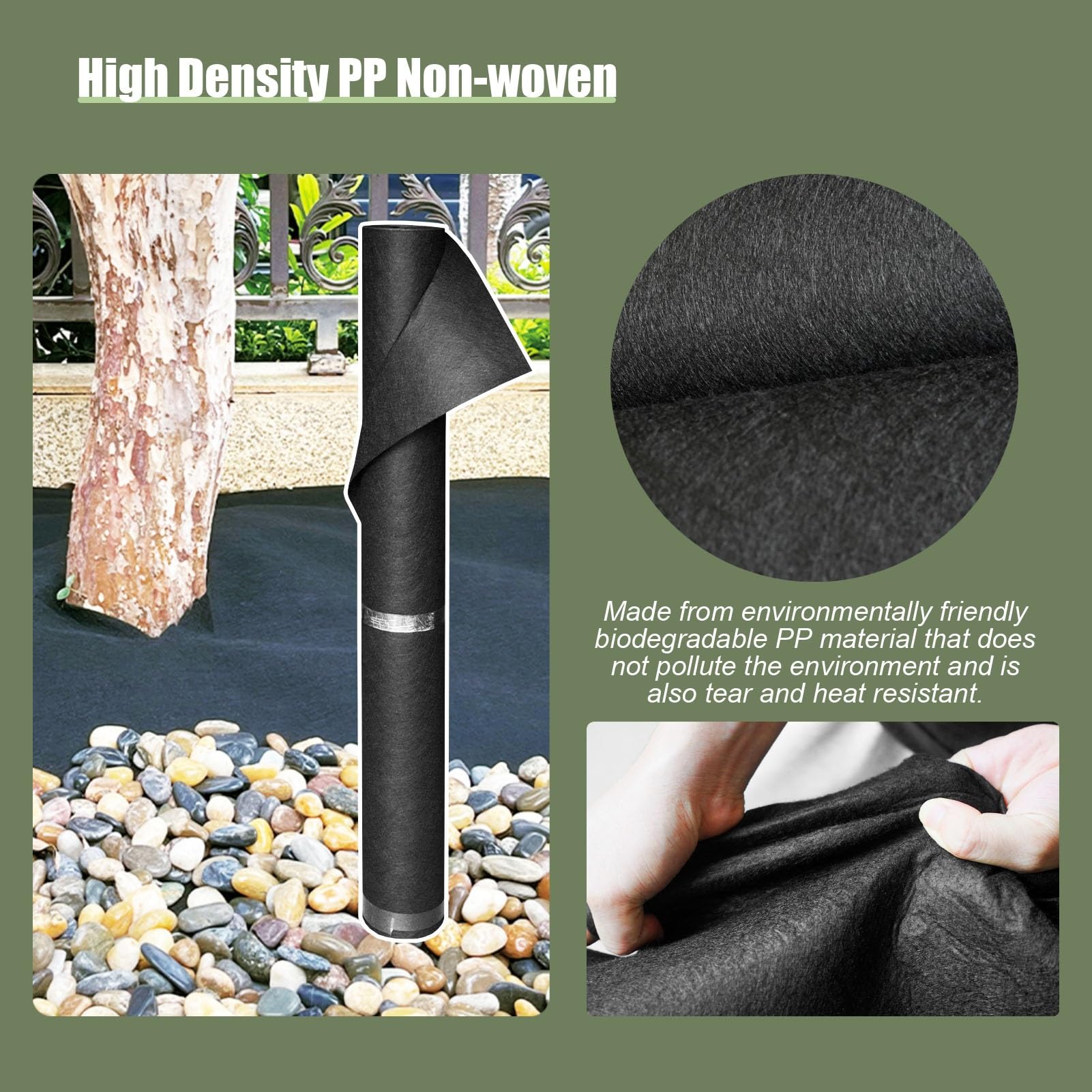 Telo Pacciamatura Tessuto Geotessile Non Tessuto Sotto Vialetto di Ghiaia, Tessuto Barriera Anti-erbacce Nero per Carichi Pesanti, Tessuto Drenante per Copertura del Terreno(Size:1m(3.2ft)x2m(6.5ft))