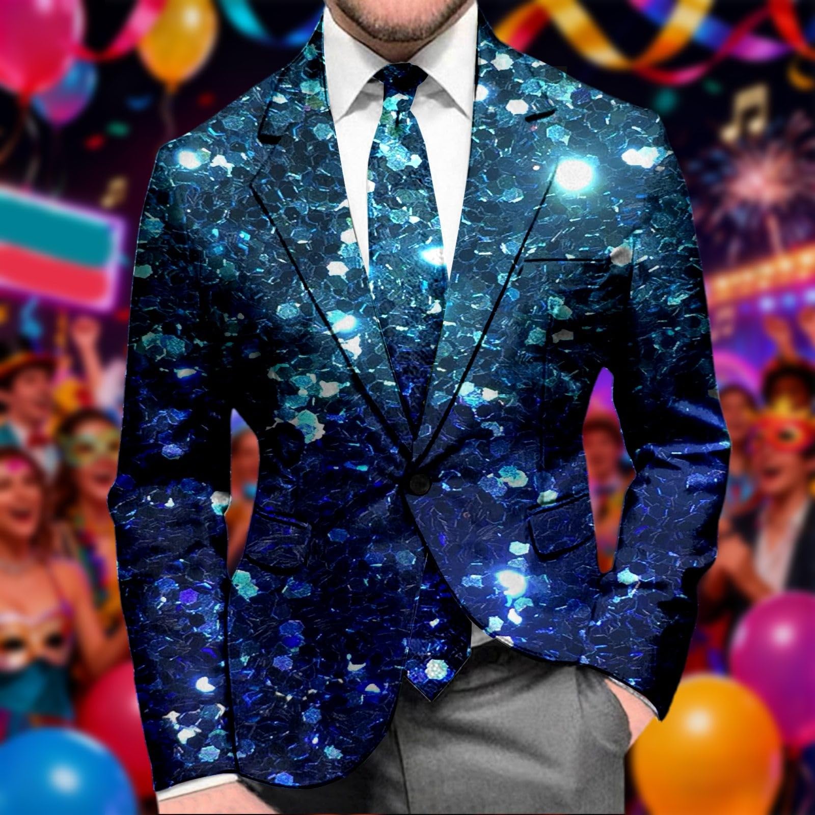 Giacca con brillantini, da uomo, sportiva, con paillettes, costume da carnevale, blazer anni '70, a maniche lunghe, slim fit, con un bottone, per matrimoni, feste, carnevale