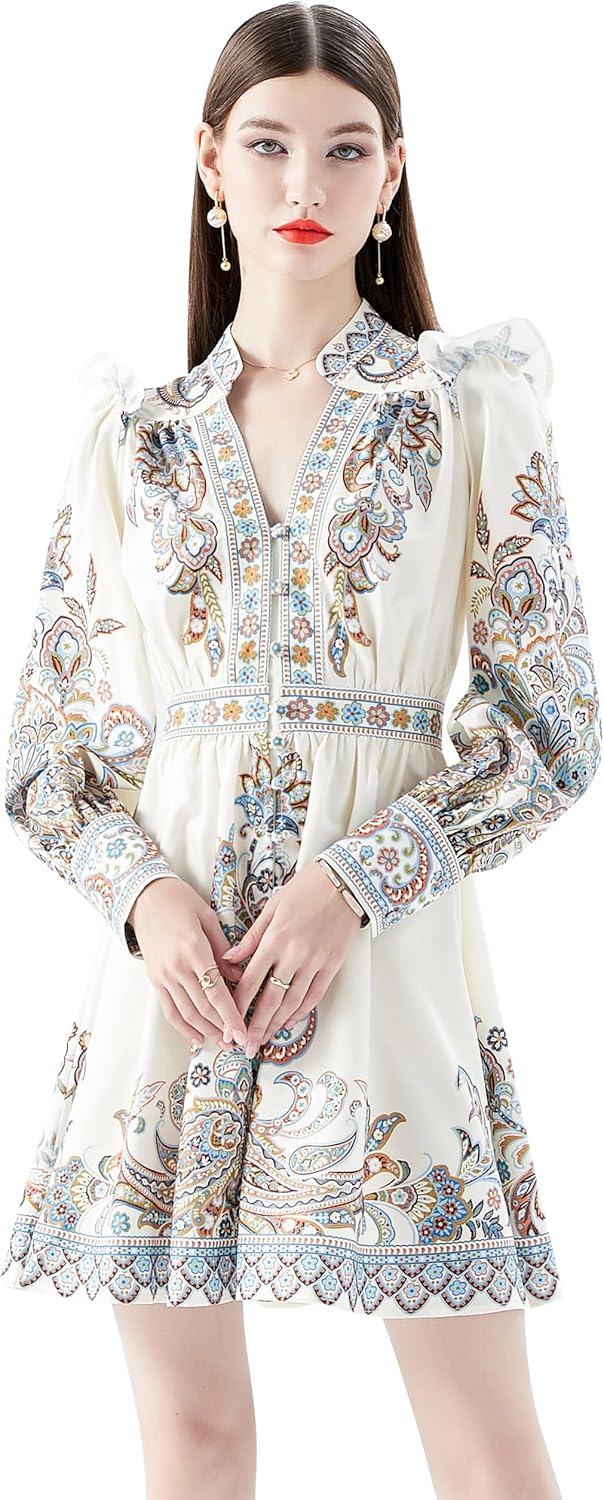 LAI MENG FIVE CATS Women's V-Neck Floral Print Lantern Sleeve Button up Shirt Dress Casual Mini Dress