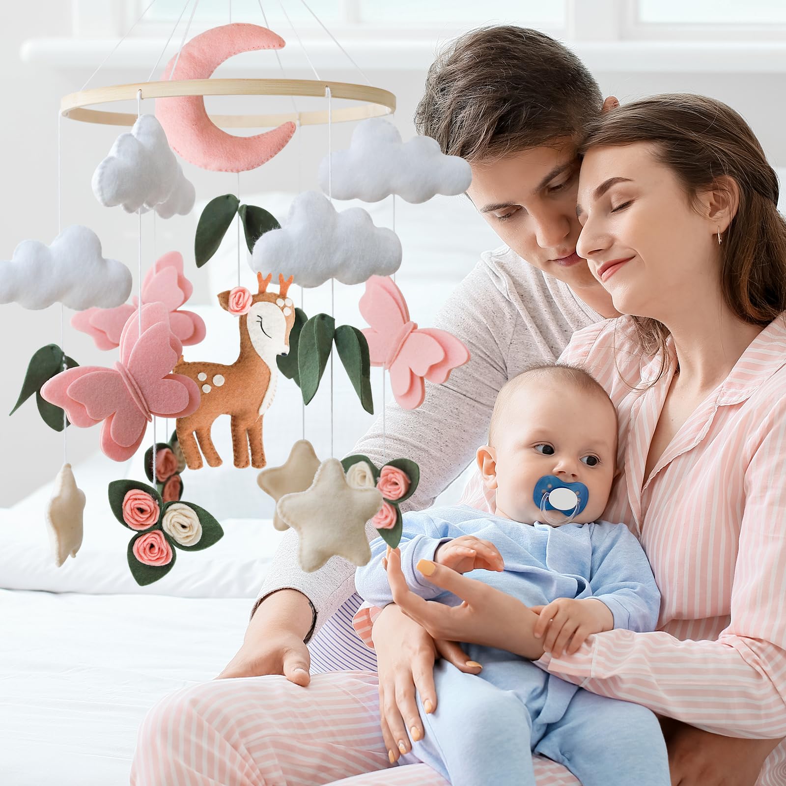 Giostrina per culla con cerbiatto, luna rosa, farfalla e nuvola in feltro, decorazione mobile per culla per bambine, regalo per baby shower