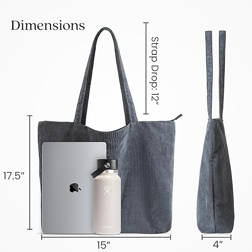 Vista 4 de VANDEL Bolso tote de pana para mujeres y hombres con cremallera y bolsillos interiores. Bolso tote con cremallera, bonita bolsa estética