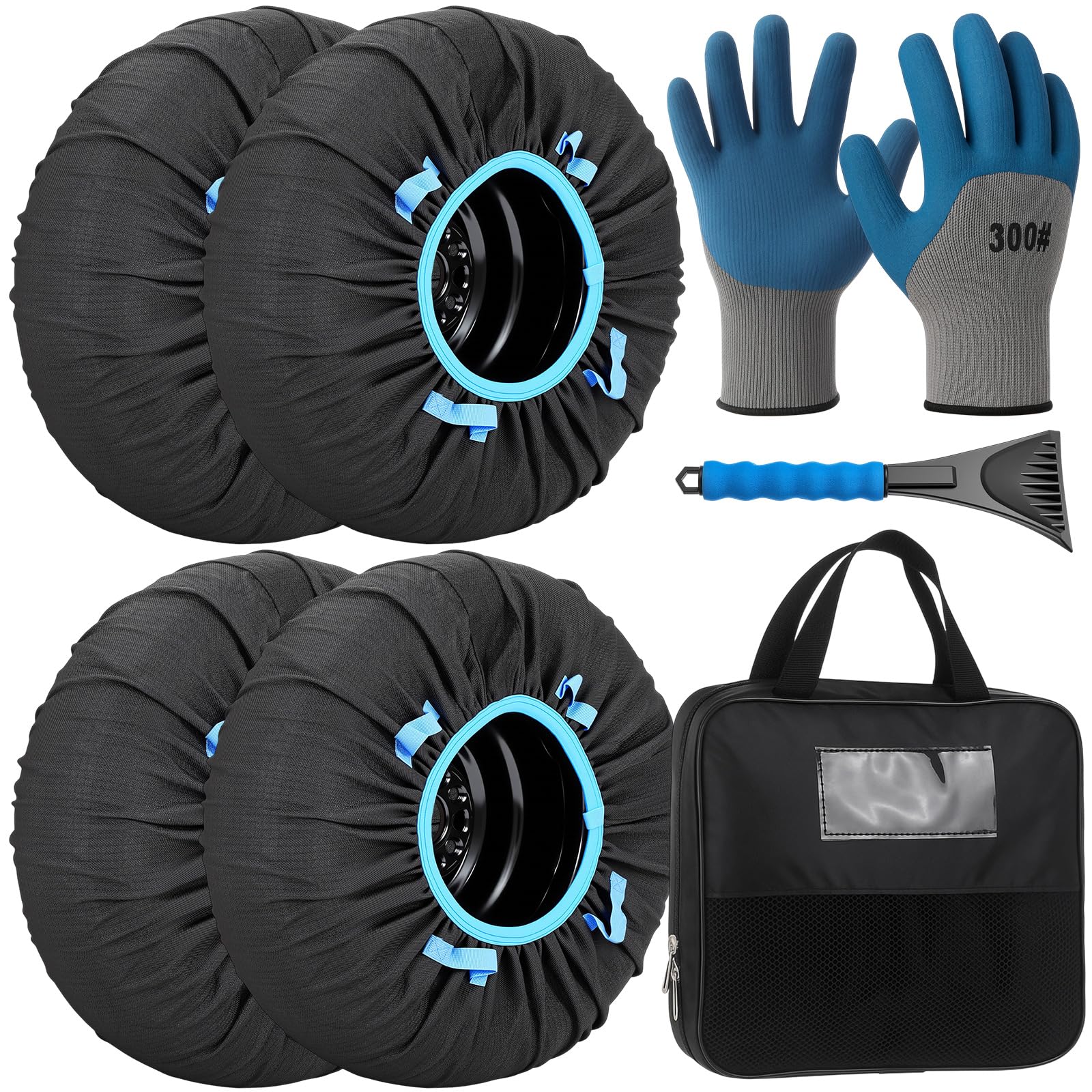 Canchiing 2 Pack Automotive Snow Socks for Tire Traction Aid Anti Slip Tire Covers with Ice Scraper & Winter Gloves Emergency Winter Kit for Cars, SUVs, Trucks on Snow & Ice (L)-image-20