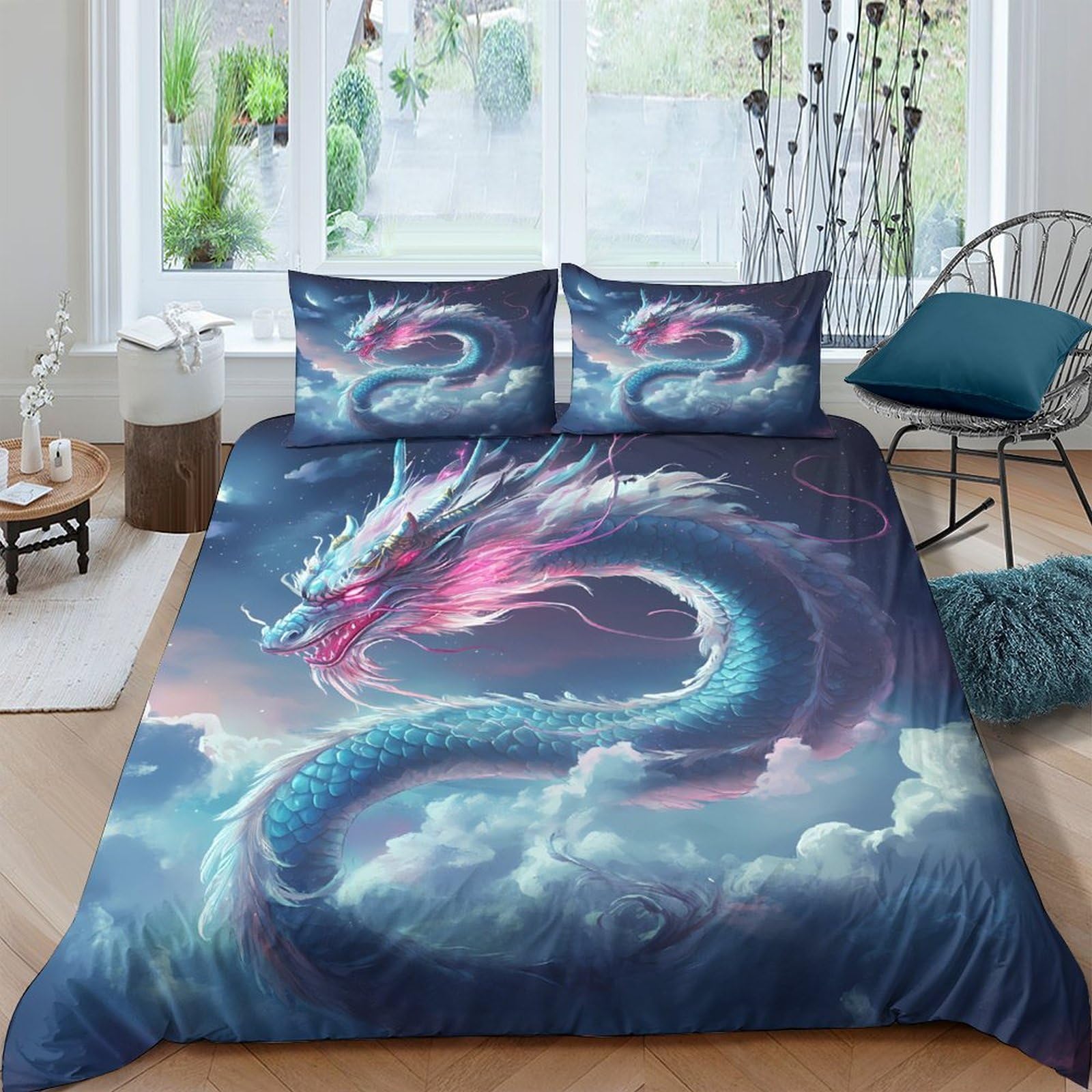 Ctjqhvkz Style-2 3D Printed Blue Dragon Fitted Sheet Microfiber Soft Breathable Fantasy Cloud Mattress Cover For Bedroom Dorm Decoration Single（135X200cm）