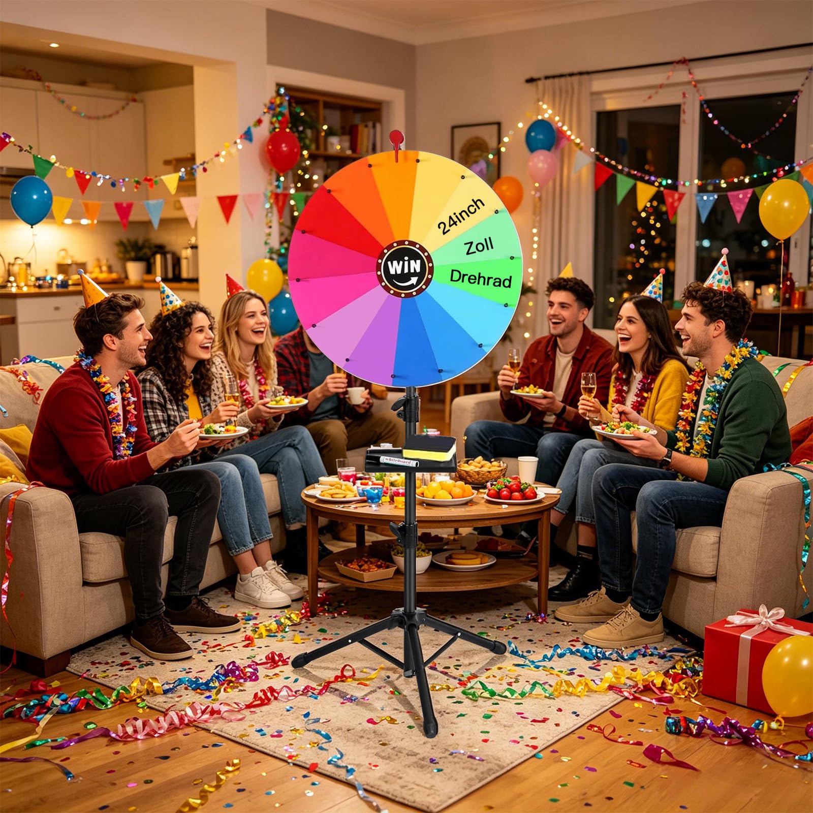 Glücksrad zum Drehen 61 cm, Höhenverstellbar 100 bis 160 cm Beschreibbar und Abwischbar mit Stift Tafelwischer und Ablage Abnehmbares Glücksrad für Gewinnspiele Verlosungen Events und Partys