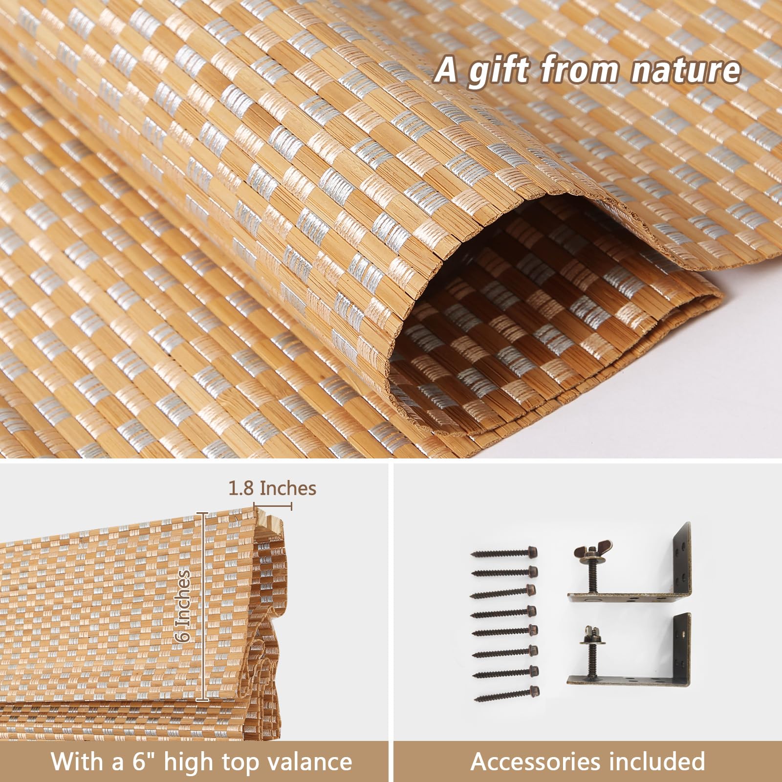 Blackout Cordless Blinds Bamboo Roman Shades, Custom Window Shades with Lining, Natural 100% Bamboo Blinds for Windows, Pattern 109