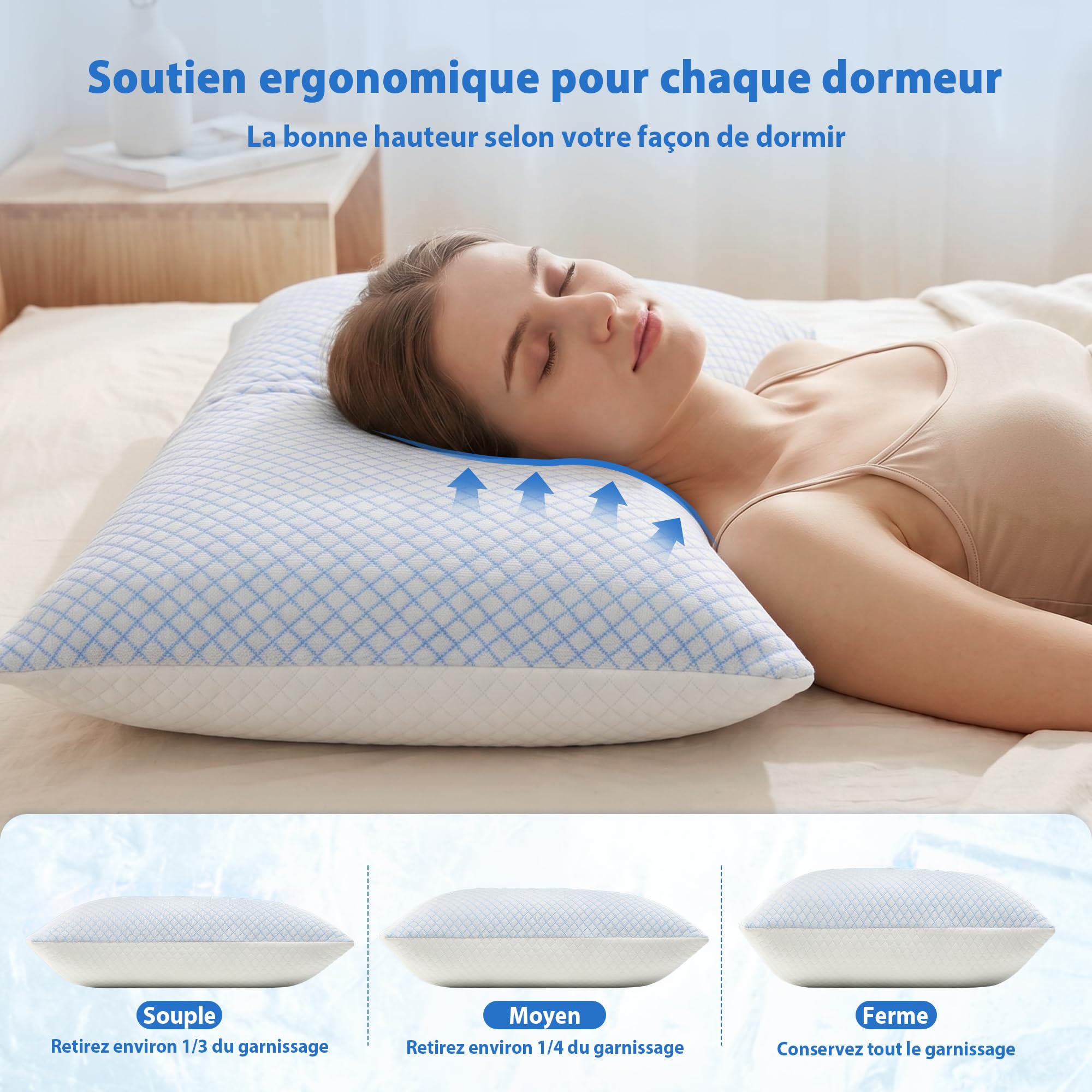 UNIKOME Oreiller rafraîchissant 50x70CM Lot de 2, Oreiller en Mousse à mémoire de Forme Double Face, Oreiller rafraîchissant Froid/Chaud Amovible, Bleu l'été/Automne, Blanc Le Printemps, Oeko-Tex