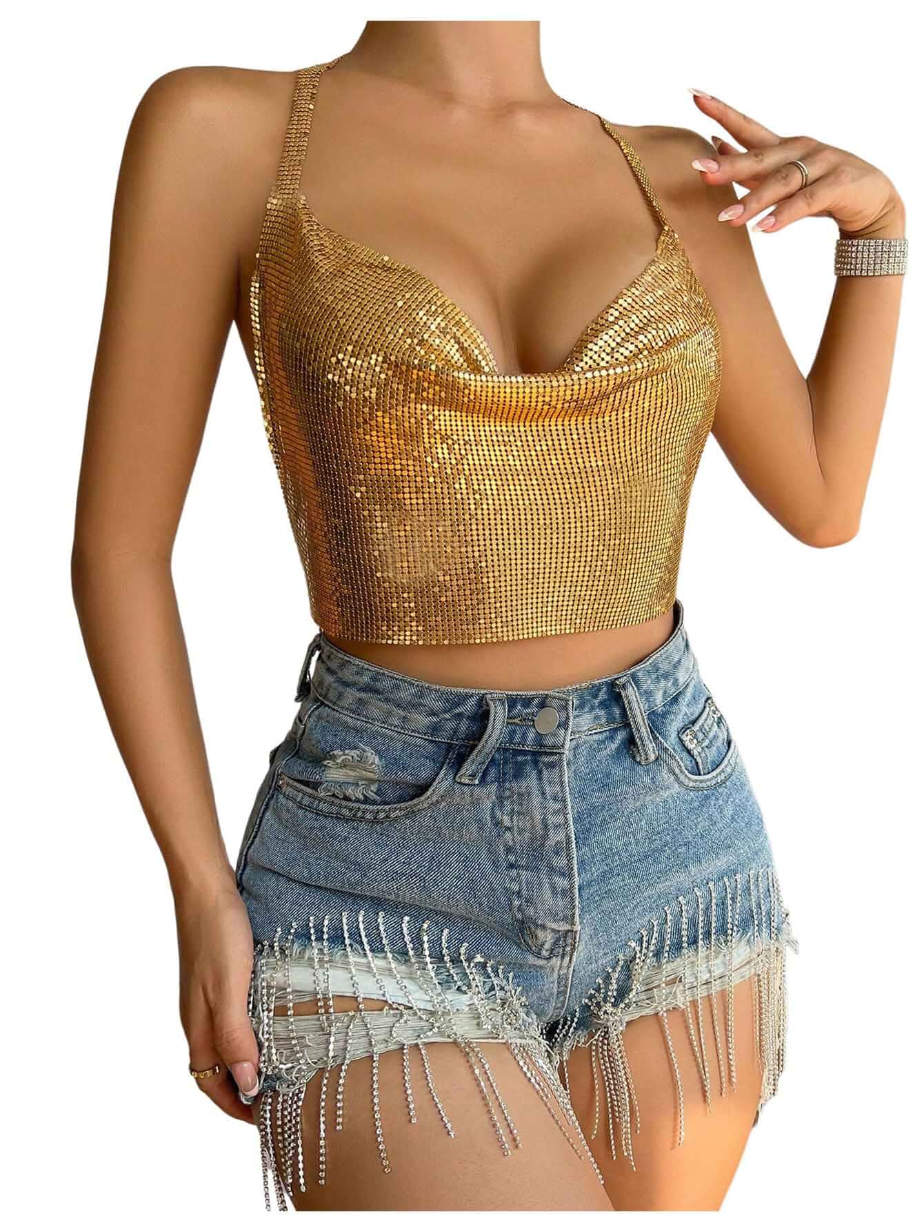 SOLY HUX Women's Metallic Cowl Neck Halter Top Backless Chain Shiny Y2k Party Crop Tops