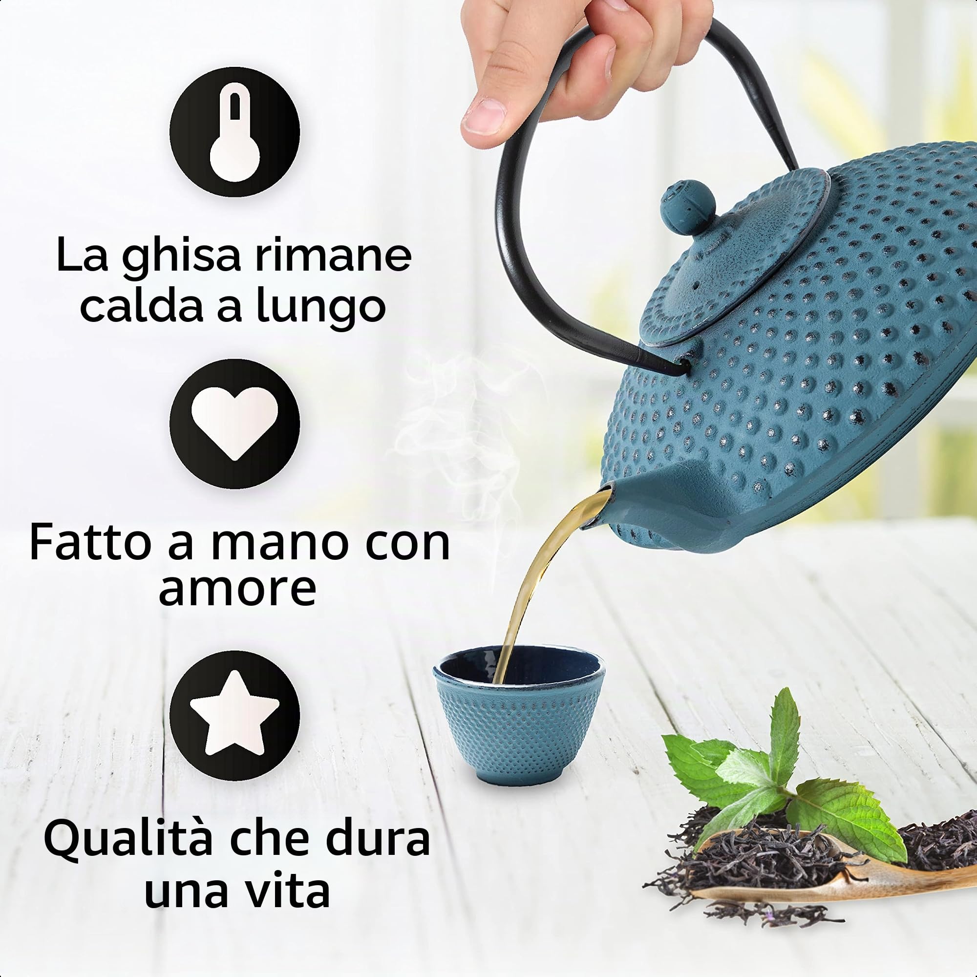 Kambin TEIERA in GHISA Smaltata 1,25 l – Teiera ghisa di Alta qualità con Infusore in Acciaio Inox – Design Originale - per Preparare Ottimo Te – Bollitore in Stile Giapponese - Blu