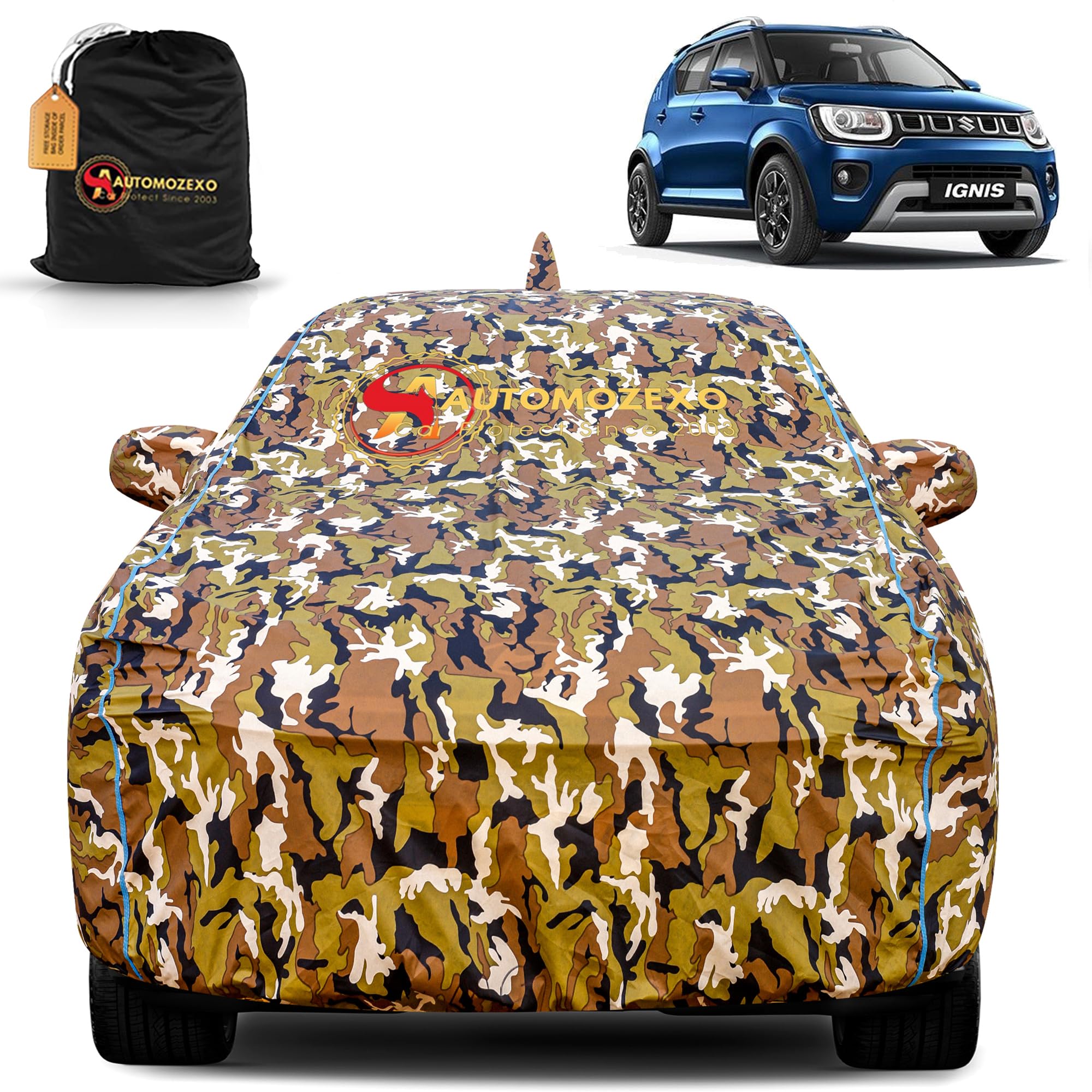 Maruti Ignis 100% Waterproof Car Cover for All Weather Protection with Mirror & Antena Pocket Inner Cotton Triple Stitched Cover with Adjustable Belt Bottom Elastic to Secure Fit -Jungle