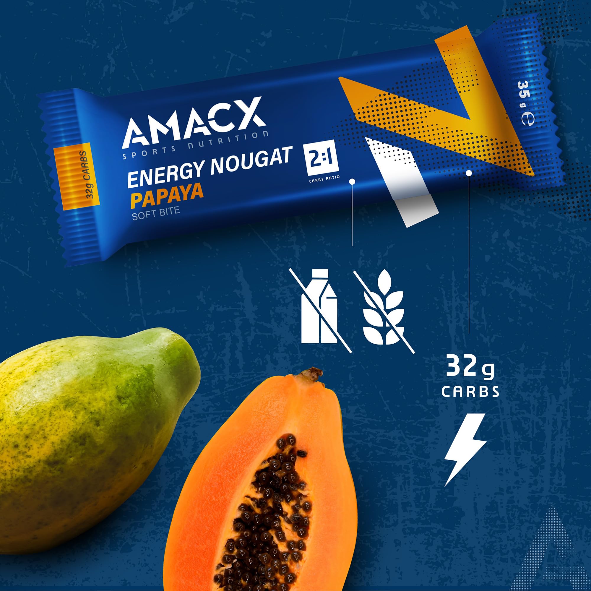AMACX Barrita Energética de Nougat y Fruta – Pack de 12 – Healthy Snacks para Deportistas de Resistencia – Fitness Food con Glucosa y Fructosa – 32g de Carbohidratos (Paquete de 12, Papaya)