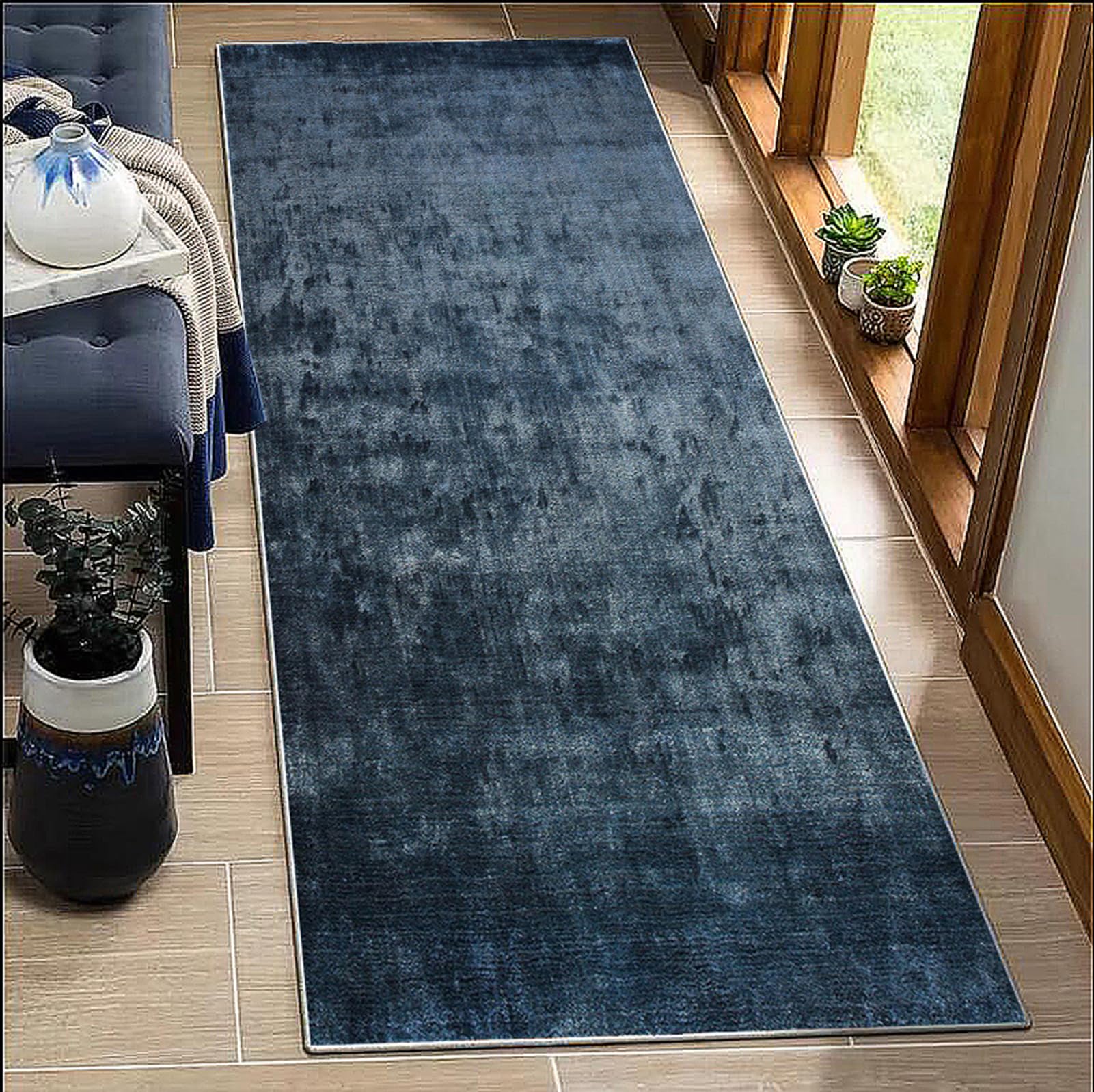 BORKOY Solid Dark blue Carpet Runner for Kitchen & Hallway, Non Slip Backing Washable 120x150cm Extra Long Floor Mat, Anti-Skid Durable Indoor Runner Rug for Corridor, Entryway, Laundry Room‌ — image 1