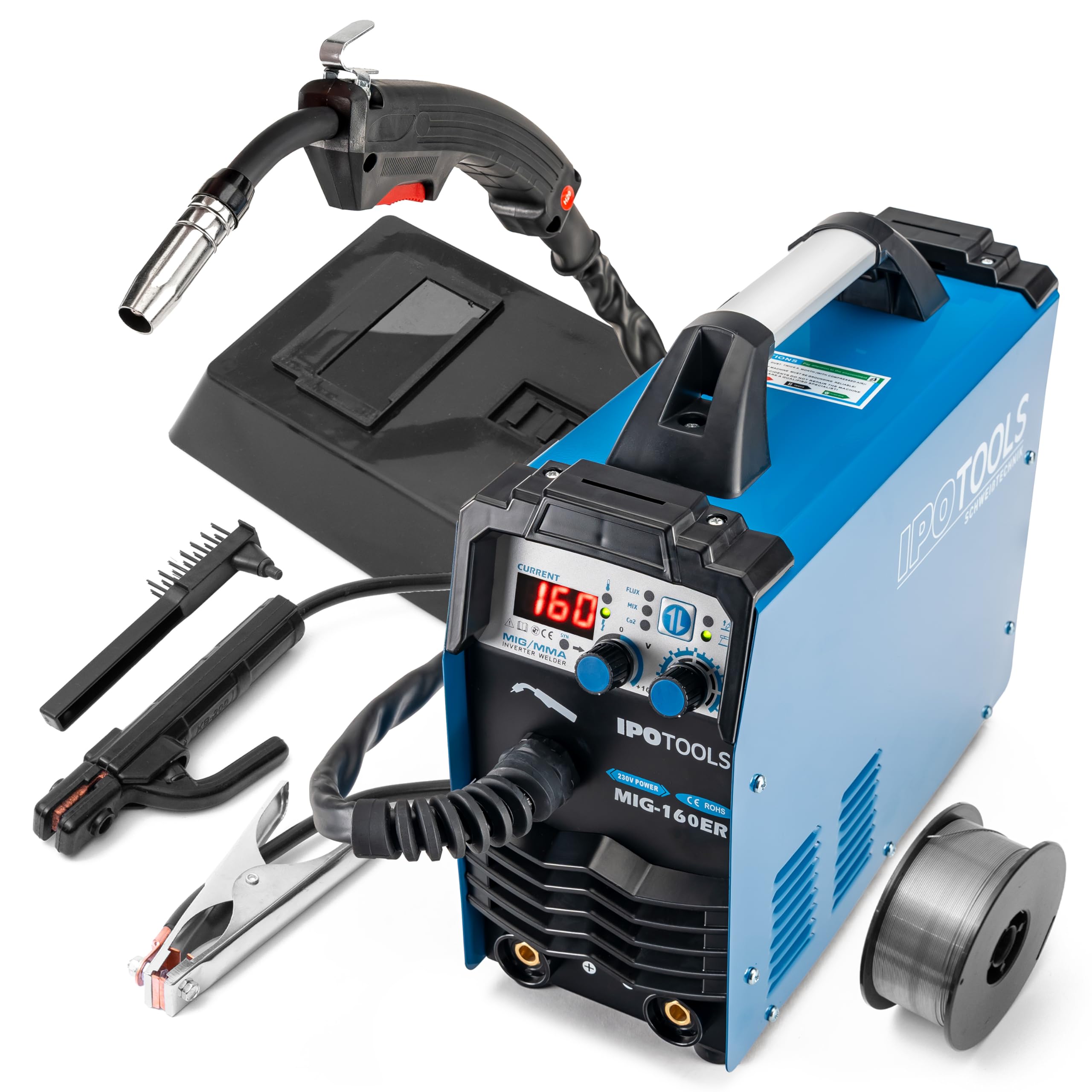 IPOTOOLS MIG-160ER spawarka MIG MAG - Spawarka MIG z 160A 230V IGBT, 3 w 1 stacji MIG Flux MMAG, przenośna stacja spawalnicza, 7-letnia gwarancja