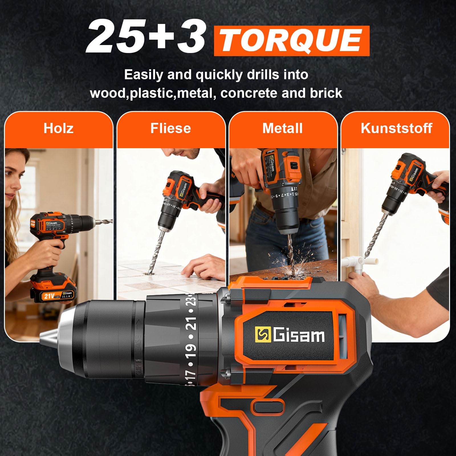 Taladro a Batería 21V, Kit Taladro Inalámbrico Con 2 Baterías, Motor Brushless 1200W 75Nm, 25+3 Niveles, Mandril 13mm, 2 Velocidades, Gran LED, 29 Accesorios Para Hogar & DIY de Jardín (aire)