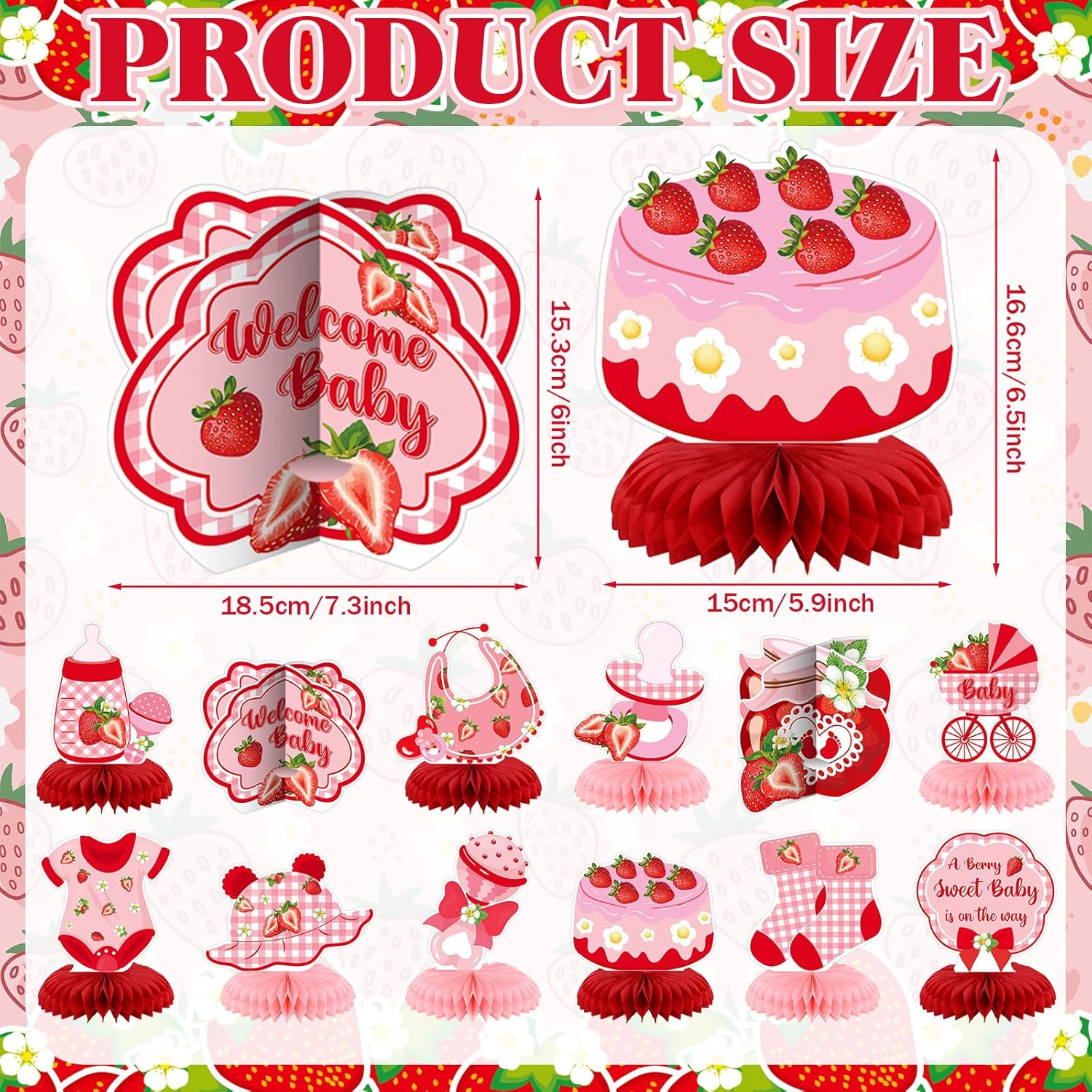 12 Pcs Strawberry Baby Shower Decoration Strawberry Honeycomb Centerpiece a Berry Sweet Baby Is on the Way Table Topper 3D Double Sided Table Decoration for Birthday Baby Shower Party Favors