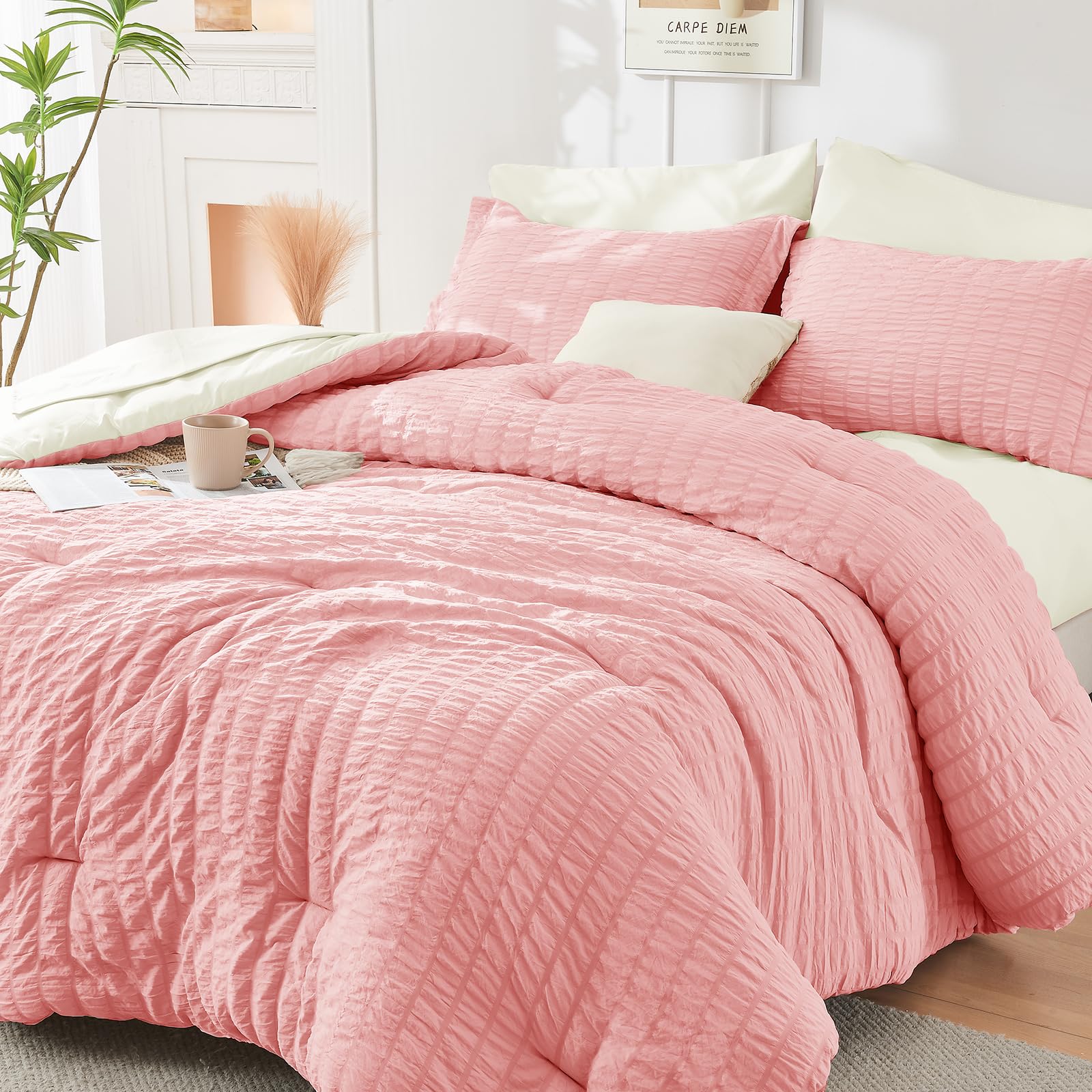 HYMOKEGE Pink/Ivory Full Size Comforter Sets Seersucker 7 Pieces, All Season Luxury Bed in a Bag for Bedroom, Bedding Set with Comforter, Sheets, Pillowcases & Shams