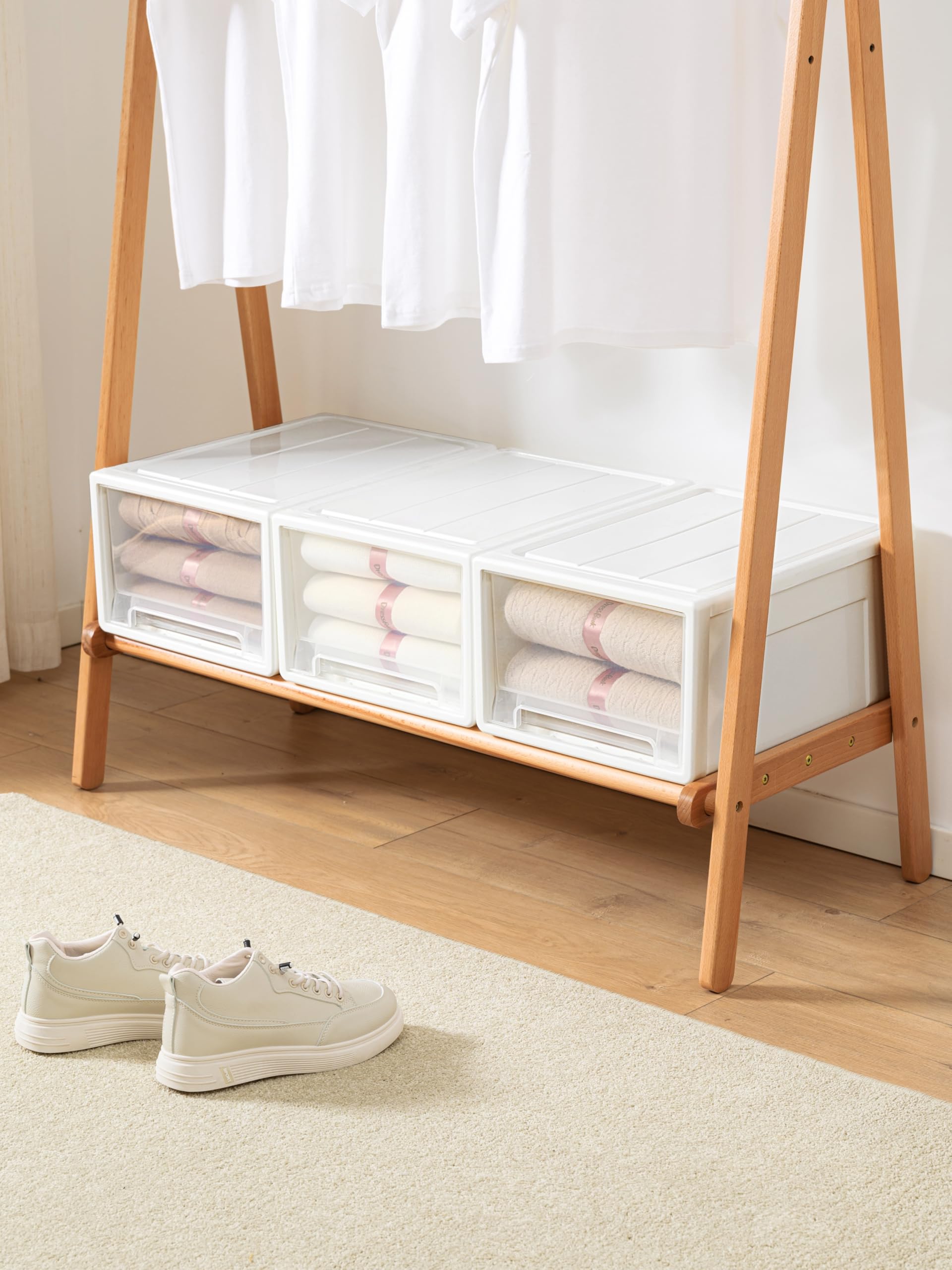 Cetomo 30L*3 Cajones de Almacenamiento de Plástico, Organizadores para Escritorio de Oficina, Caja de Almacenamiento, Torre Apilable para Cosméticos, Resistente, Blanco, Transparente, 30L-3 Unidades
