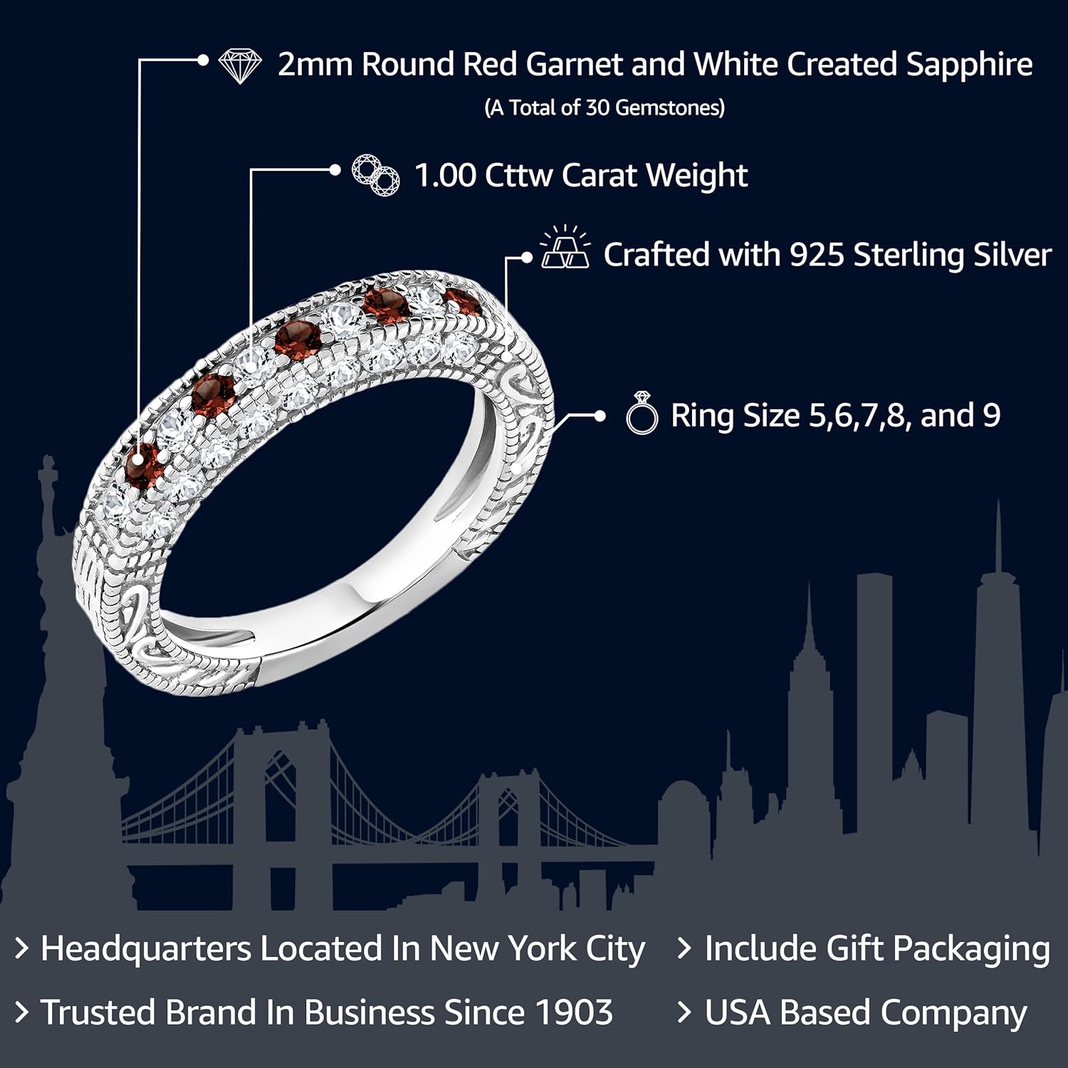 Gem Stone King 1.00 Cttw Red Garnet and White Created Sapphire Wedding Band Ring For Women | 925 Sterling Silver | Engagement Anniversary Promise Ring For Women | Available In Size 5, 6, 7, 8, 9 - Image 2